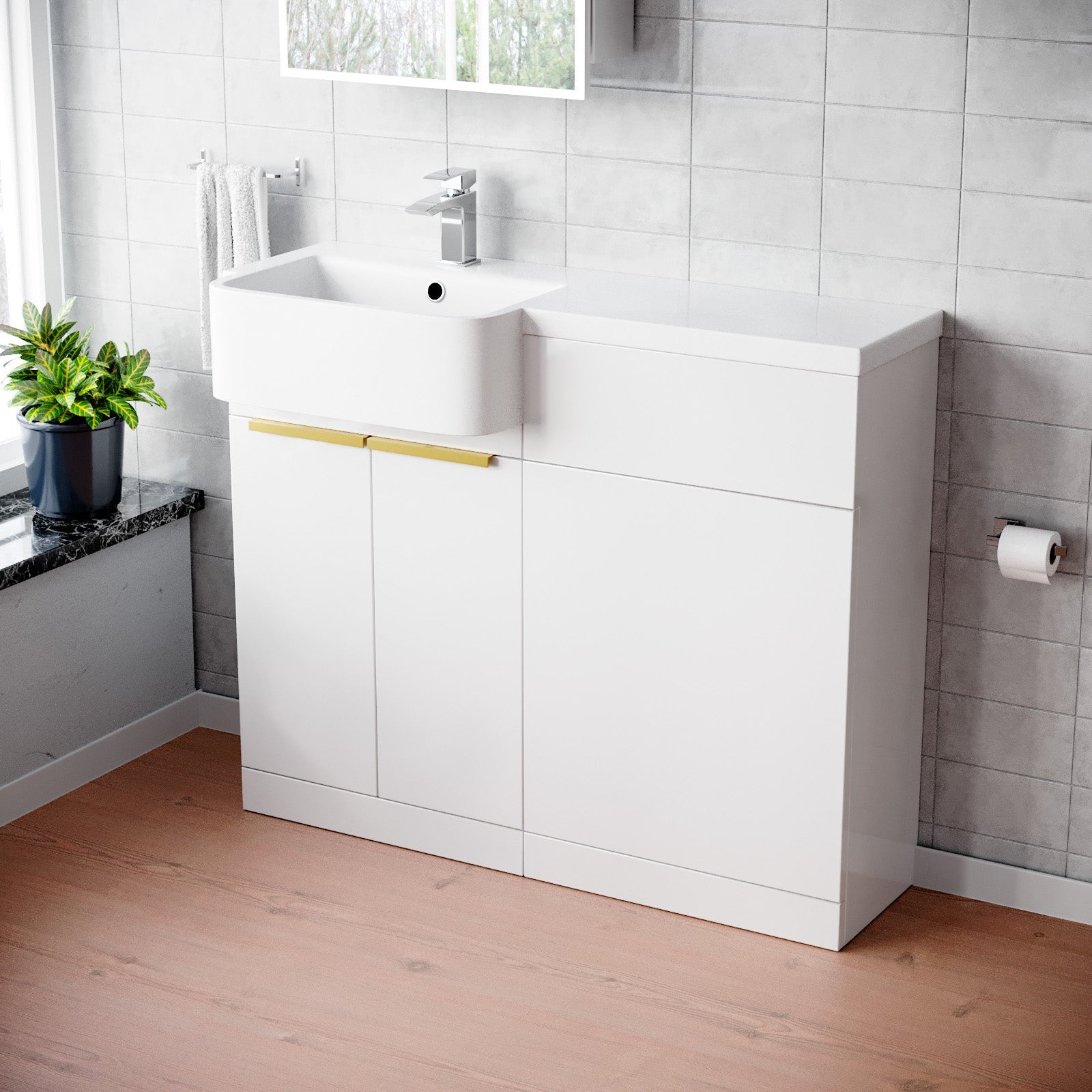 Bretford Freestanding Basin Vanity Unit With Brushed Brass Handle & WC Unit