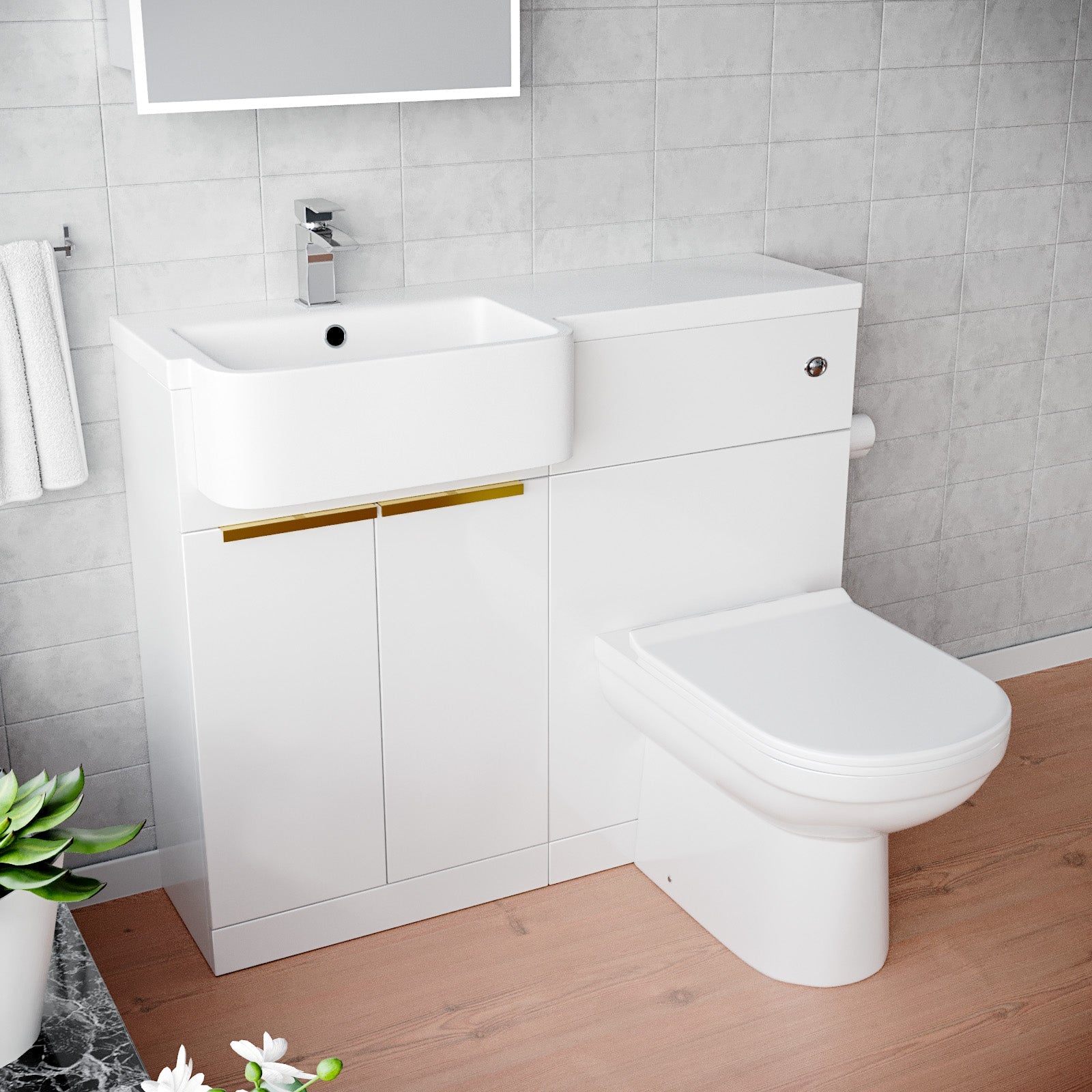 Bretford Basin Vanity Unit With Brushed Brass Handle, WC Unit & Toilet