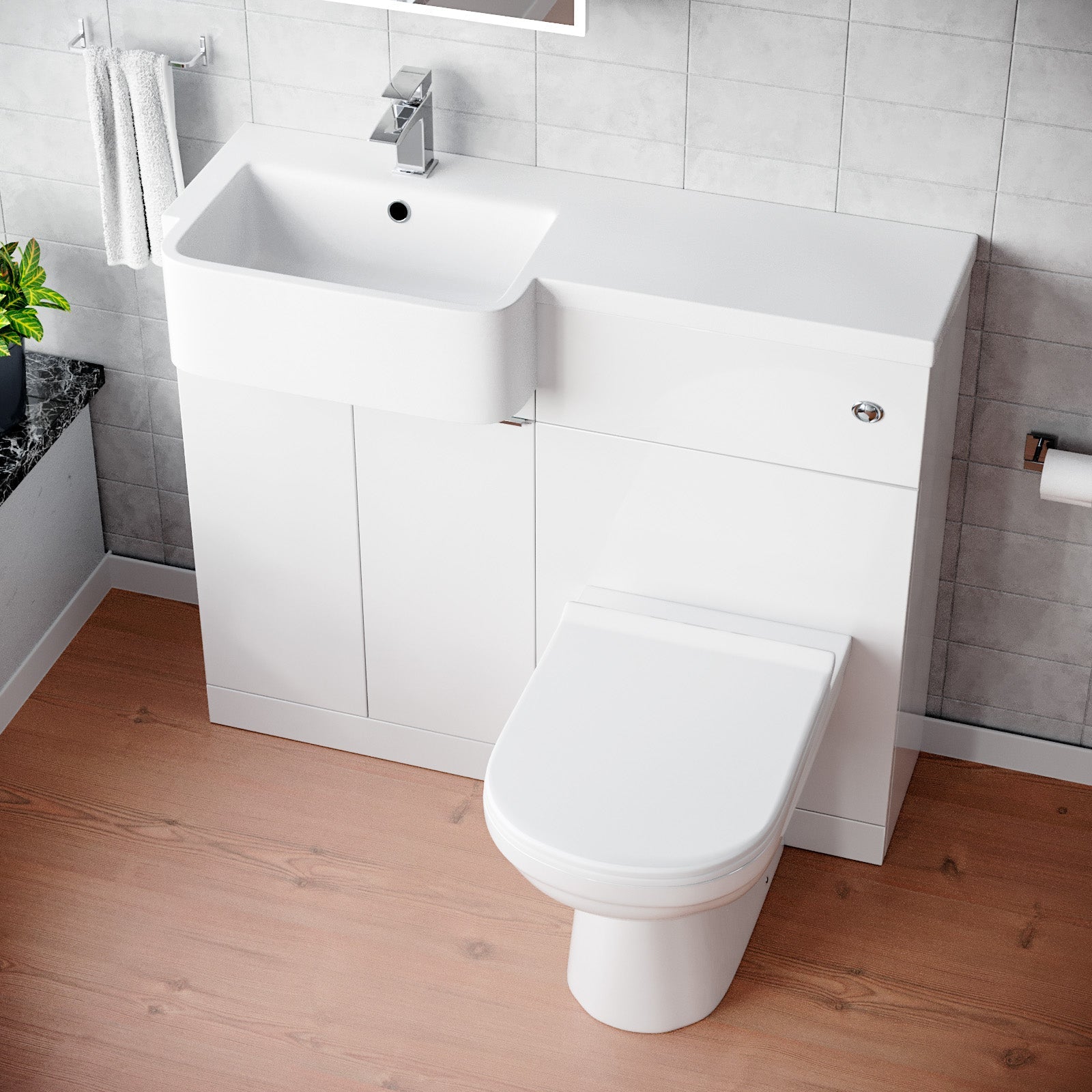 Bretford 1000mm White Cabinet with Basin, WC Unit & Toilet & Chrome Handle