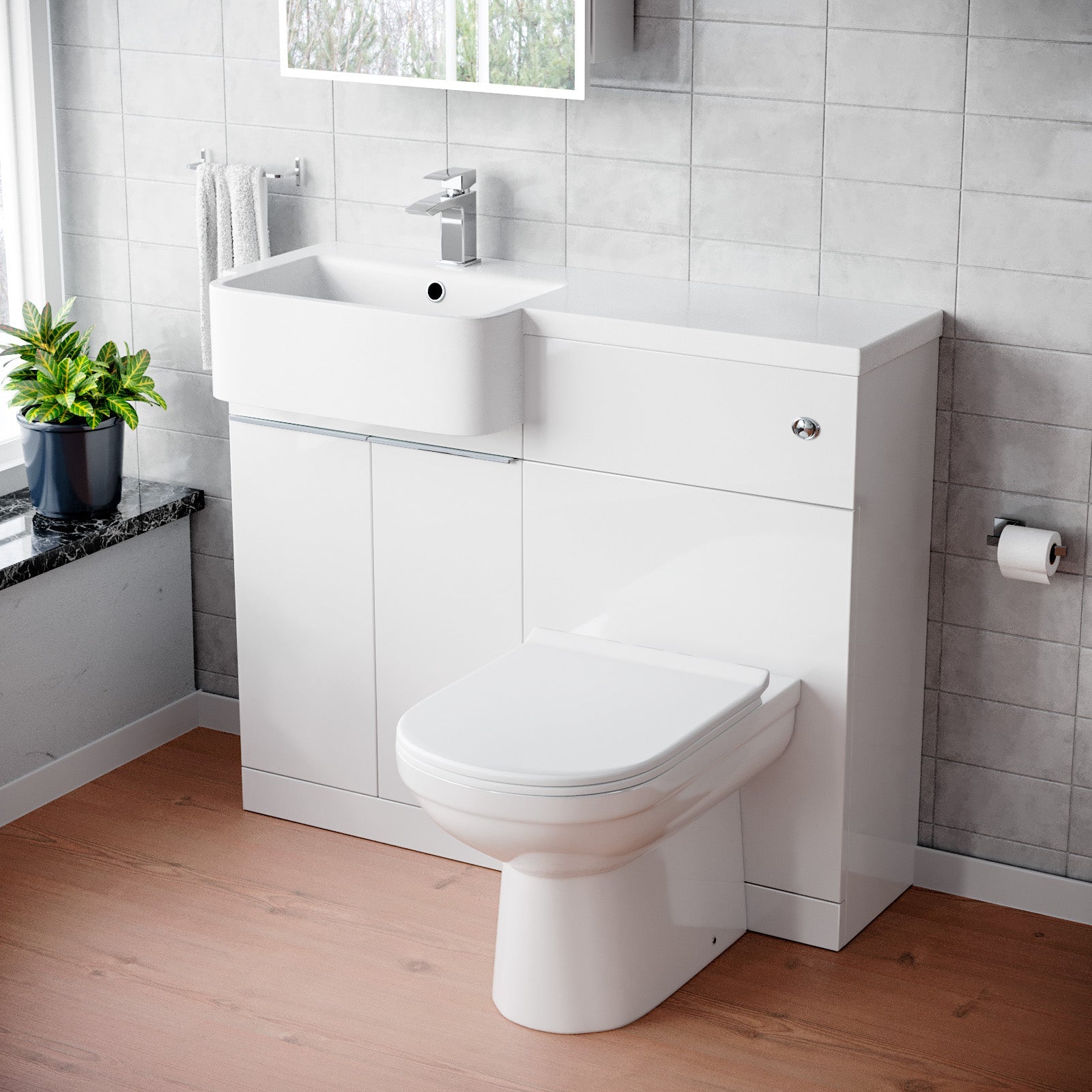 Bretford 1000mm White Cabinet with Basin, WC Unit & Toilet & Chrome Handle