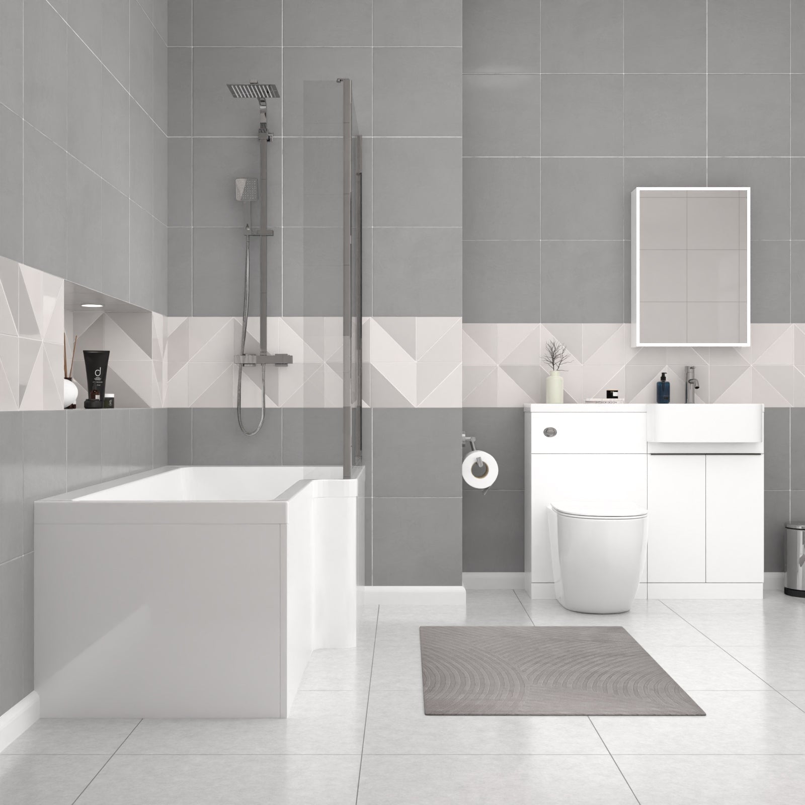 Bretford 1005mm White RH Basin Cabinet WC Unit L-Shaped Bath BTW Toilet & Panel Screen