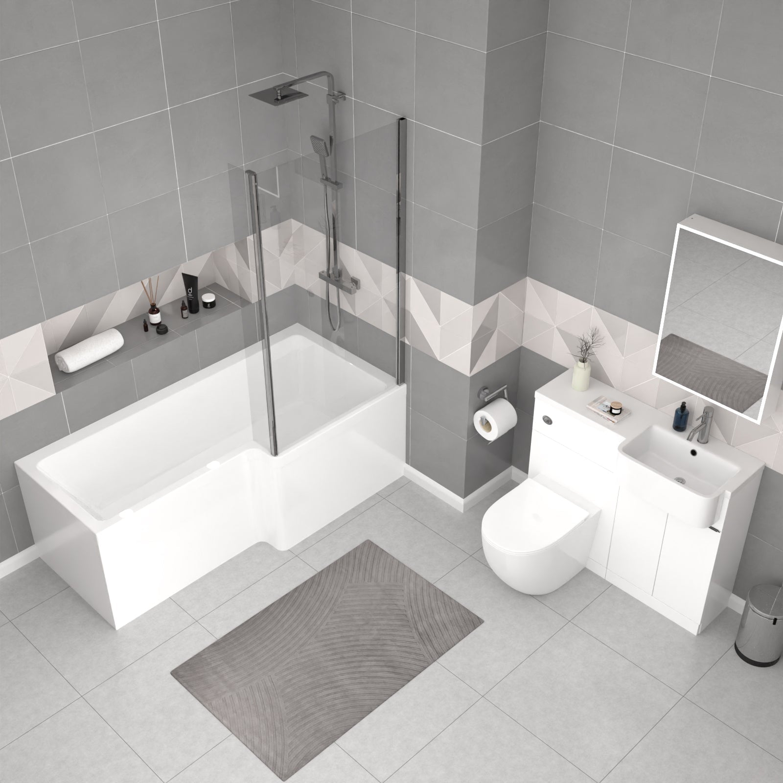 Bretford 1005mm White RH Basin Cabinet WC Unit L-Shaped Bath BTW Toilet & Panel Screen
