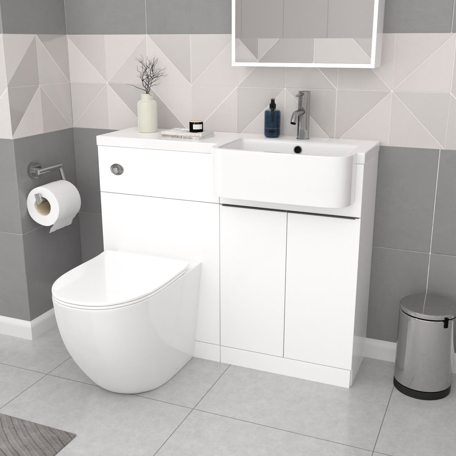 Bretford 1005mm White RH Basin Cabinet WC Unit L-Shaped Bath BTW Toilet & Panel Screen