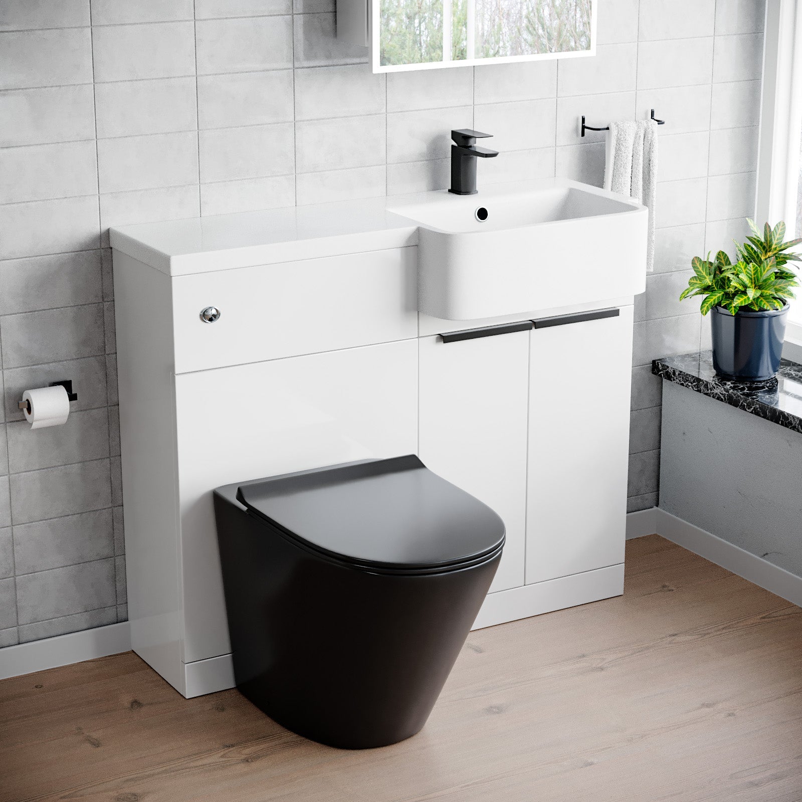 Bretford 1000mm RH Basin Vanity Black Handles, WC Unit & Square Black BTW Toilet