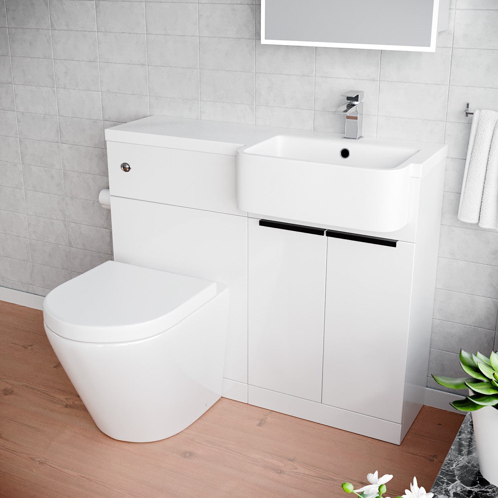 Bretford Basin Vanity Unit, With Black Handle, WC Unit & Rimless Toilet