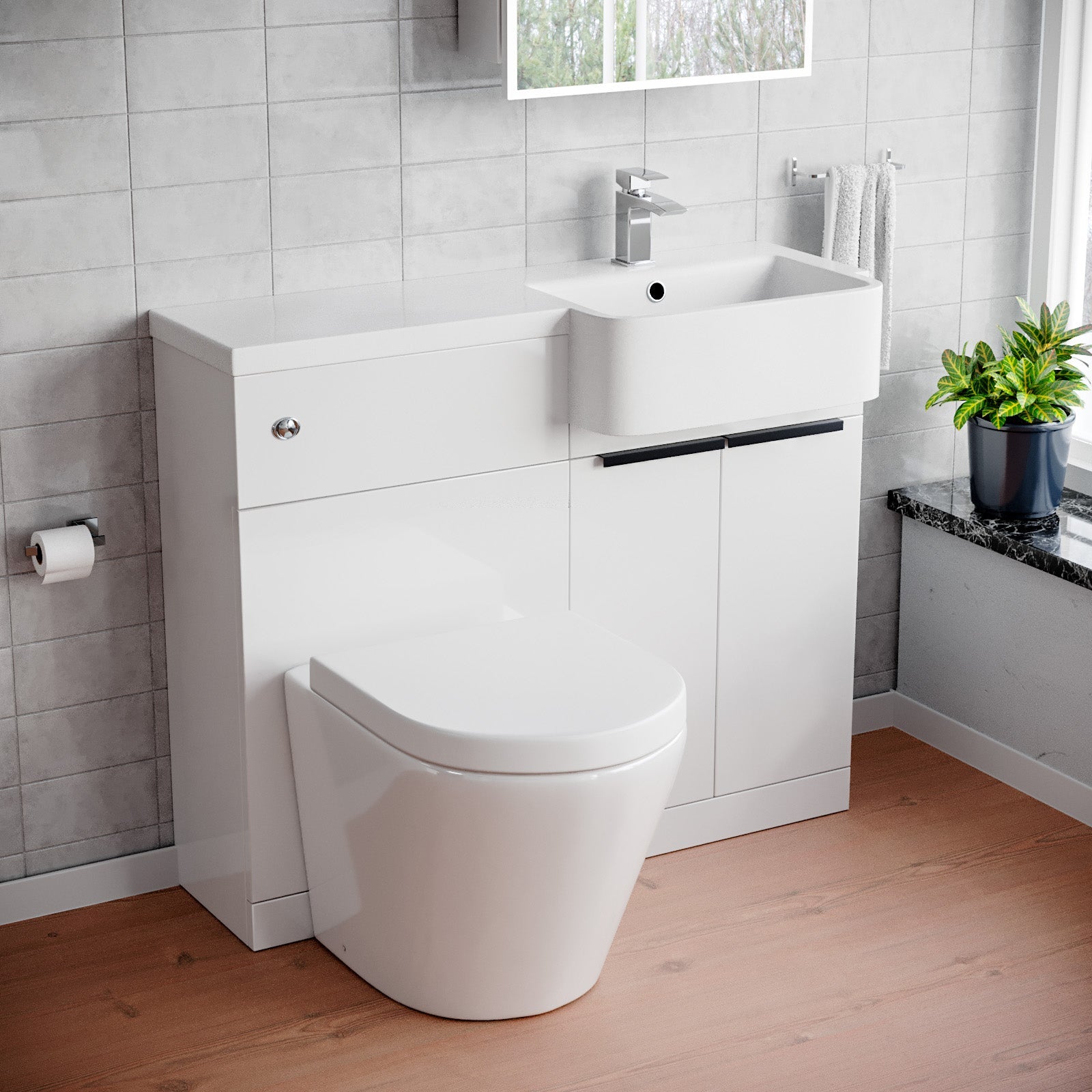 Bretford Basin Vanity Unit, With Black Handle, WC Unit & Rimless Toilet
