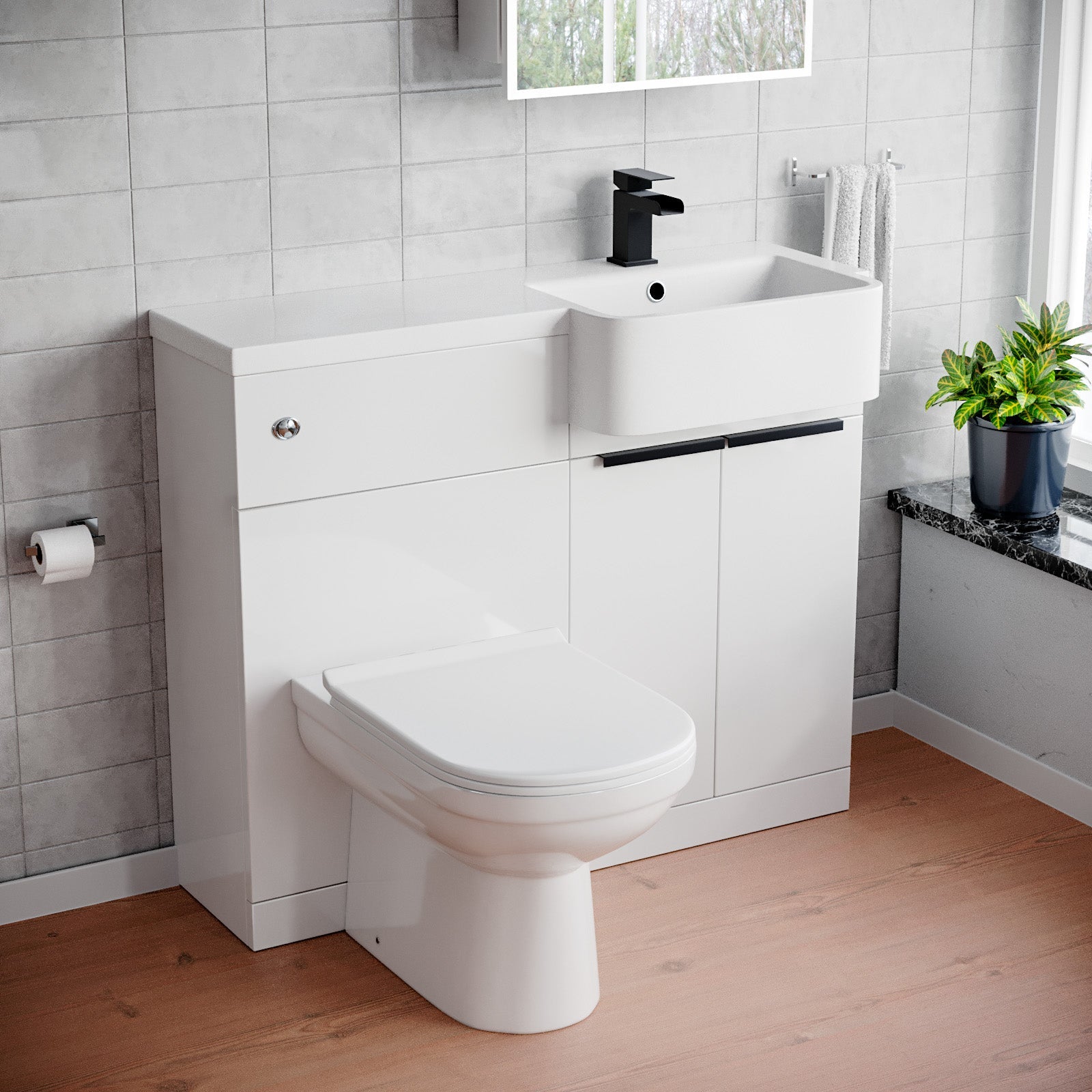 Bretford Black Handle Basin Vanity Unit With Tap, WC Unit & Toilet