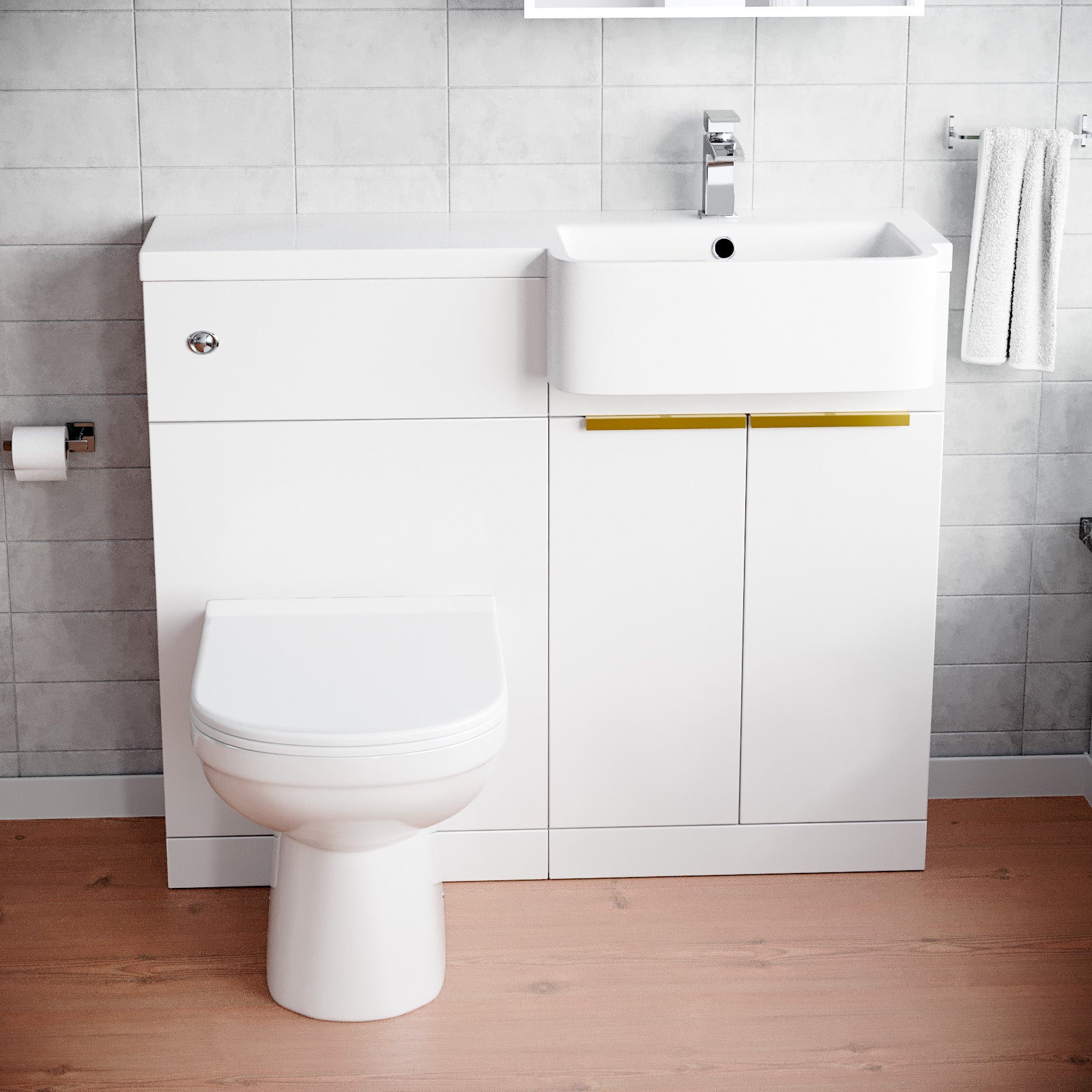 Bretford Basin Vanity Unit With Brushed Brass Handle, WC Unit & Toilet