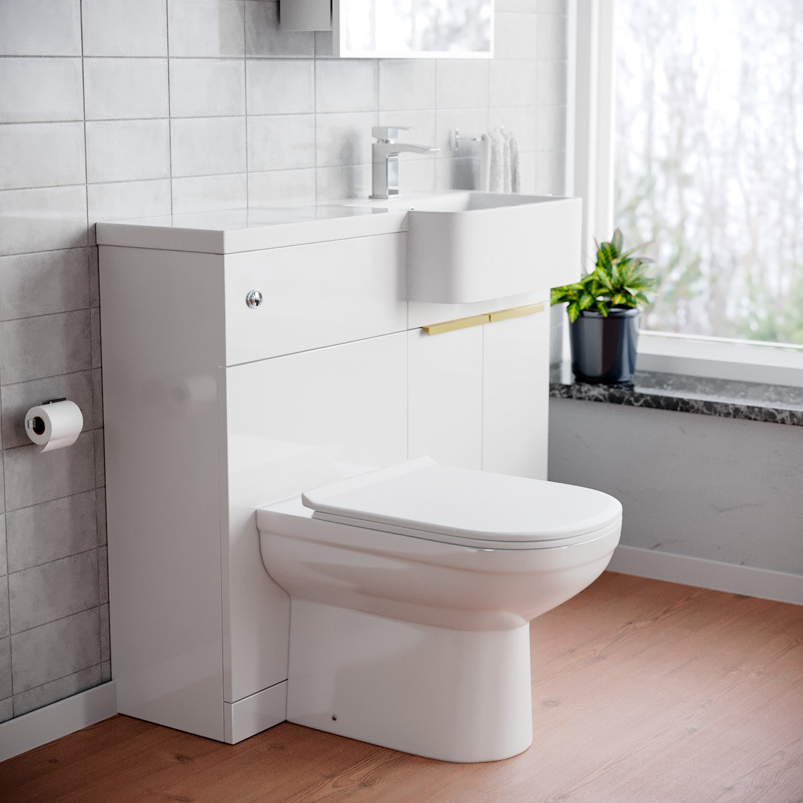 Bretford Basin Vanity Unit With Brushed Brass Handle, WC Unit & Toilet