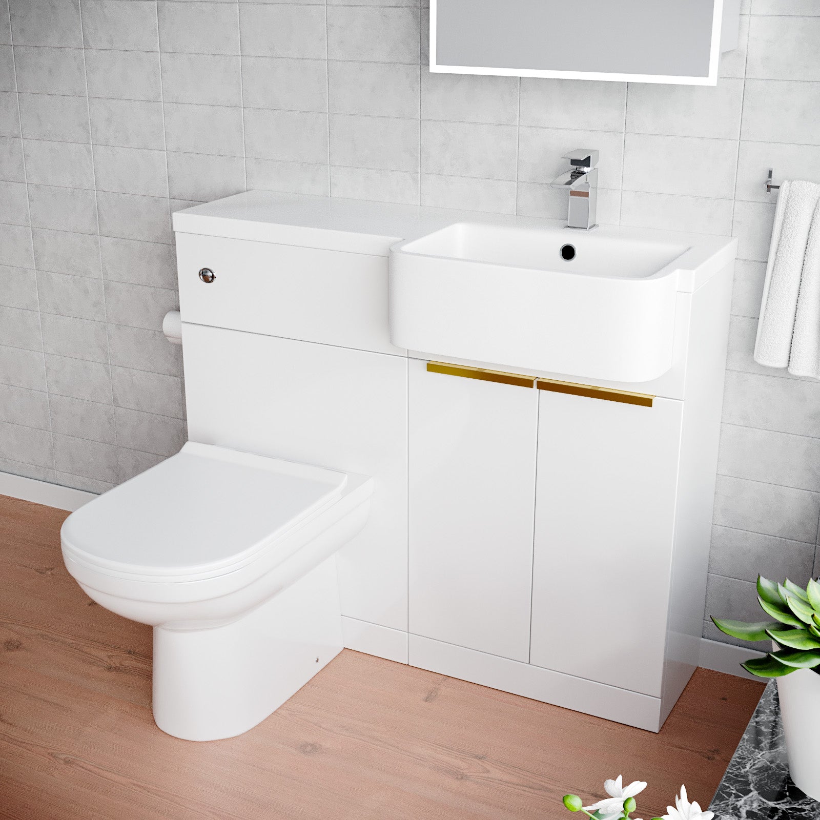 Bretford Basin Vanity Unit With Brushed Brass Handle, WC Unit & Toilet