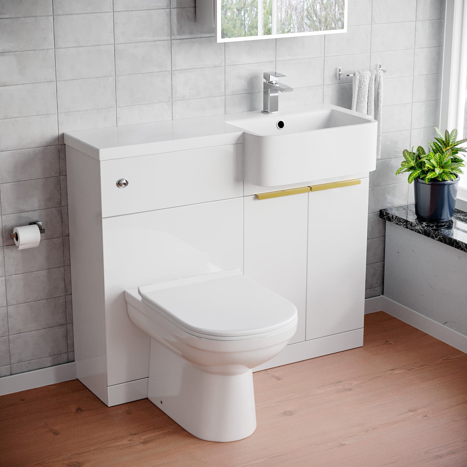 Bretford Basin Vanity Unit With Brushed Brass Handle, WC Unit & Toilet