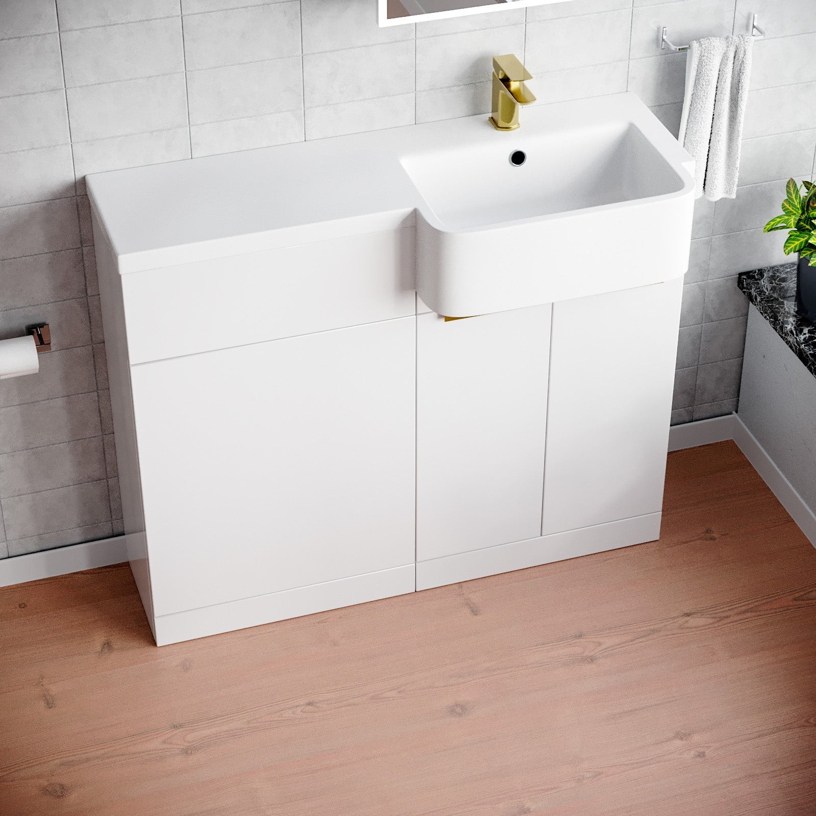 Bretford Brushed Brass Handle Basin Vanity Unit With Tap & WC Unit