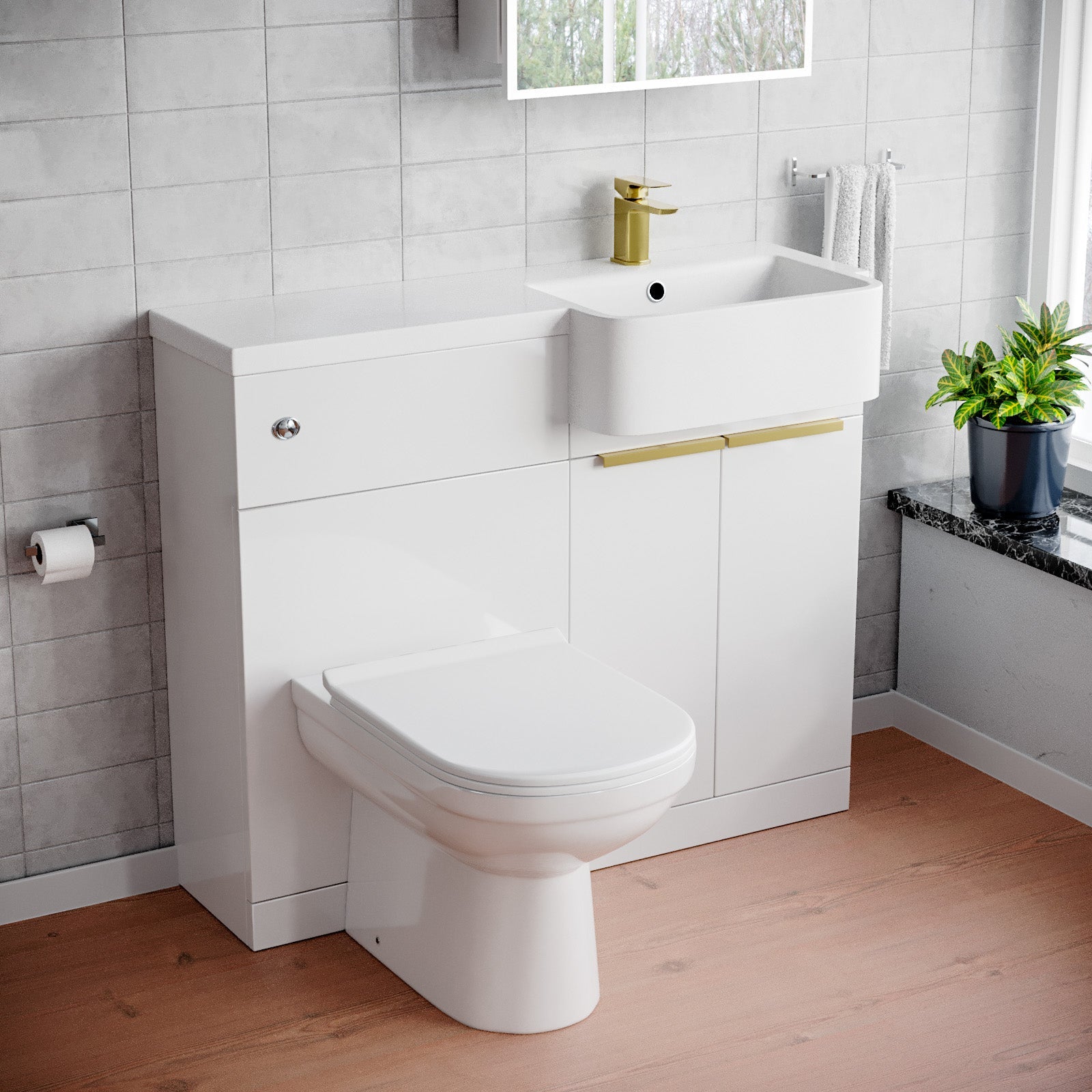 Bretford Basin Vanity Unit With Brushed Brass Handles, WC Unit, Tap & Toilet