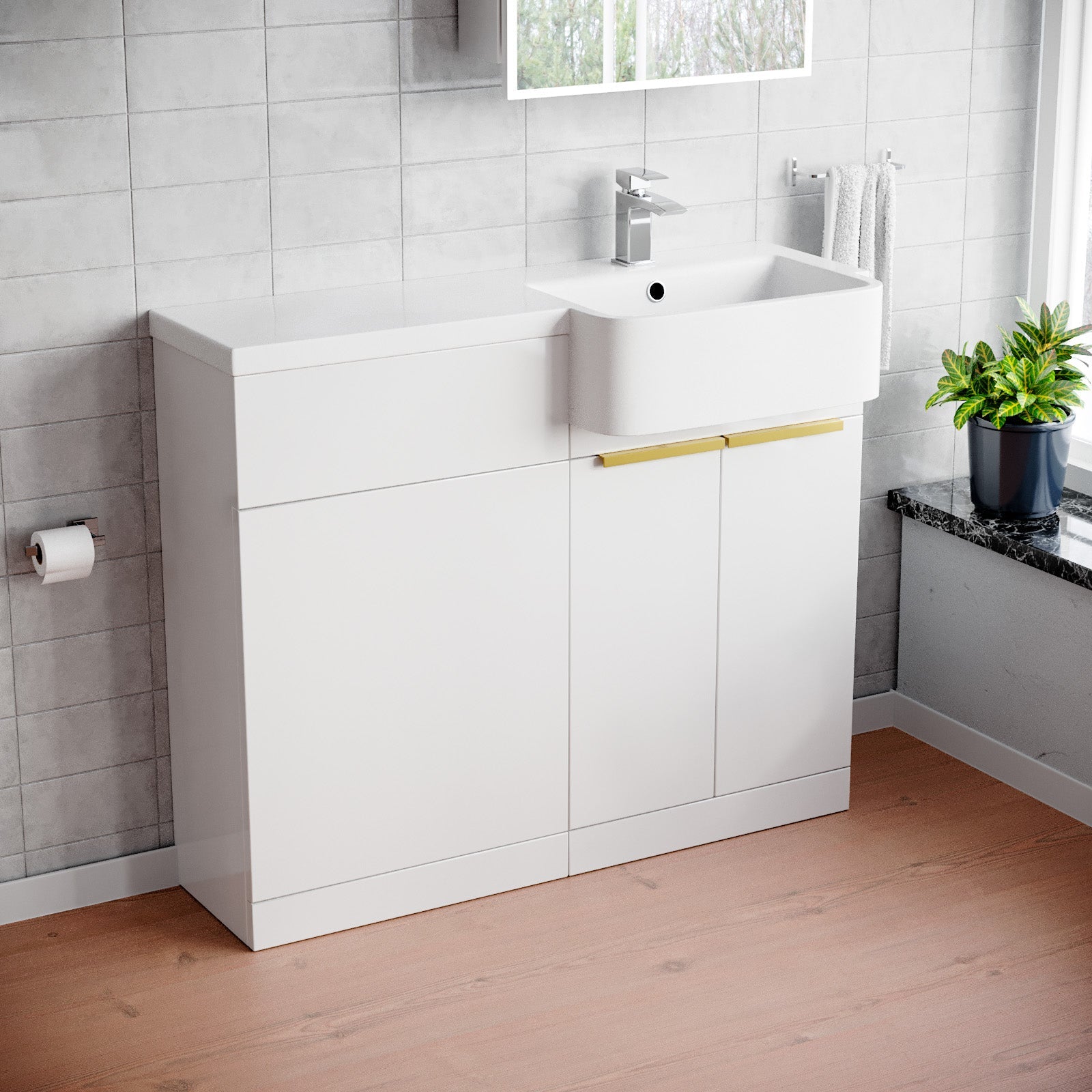 Bretford Freestanding Basin Vanity Unit With Brushed Brass Handle & WC Unit
