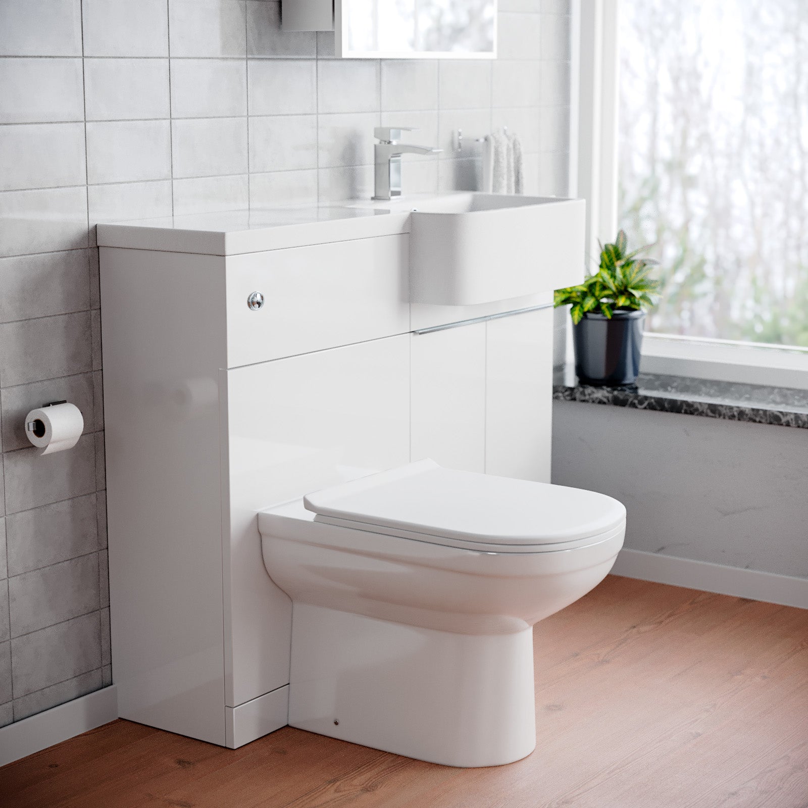 Bretford 1000mm White Cabinet with Basin, WC Unit & Toilet & Chrome Handle