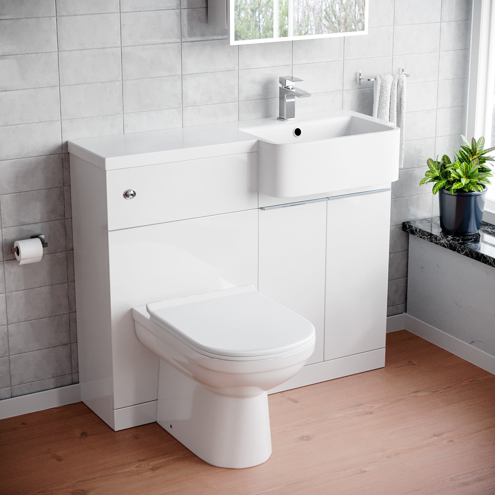 Bretford 1000mm White Cabinet with Basin, WC Unit & Toilet & Chrome Handle