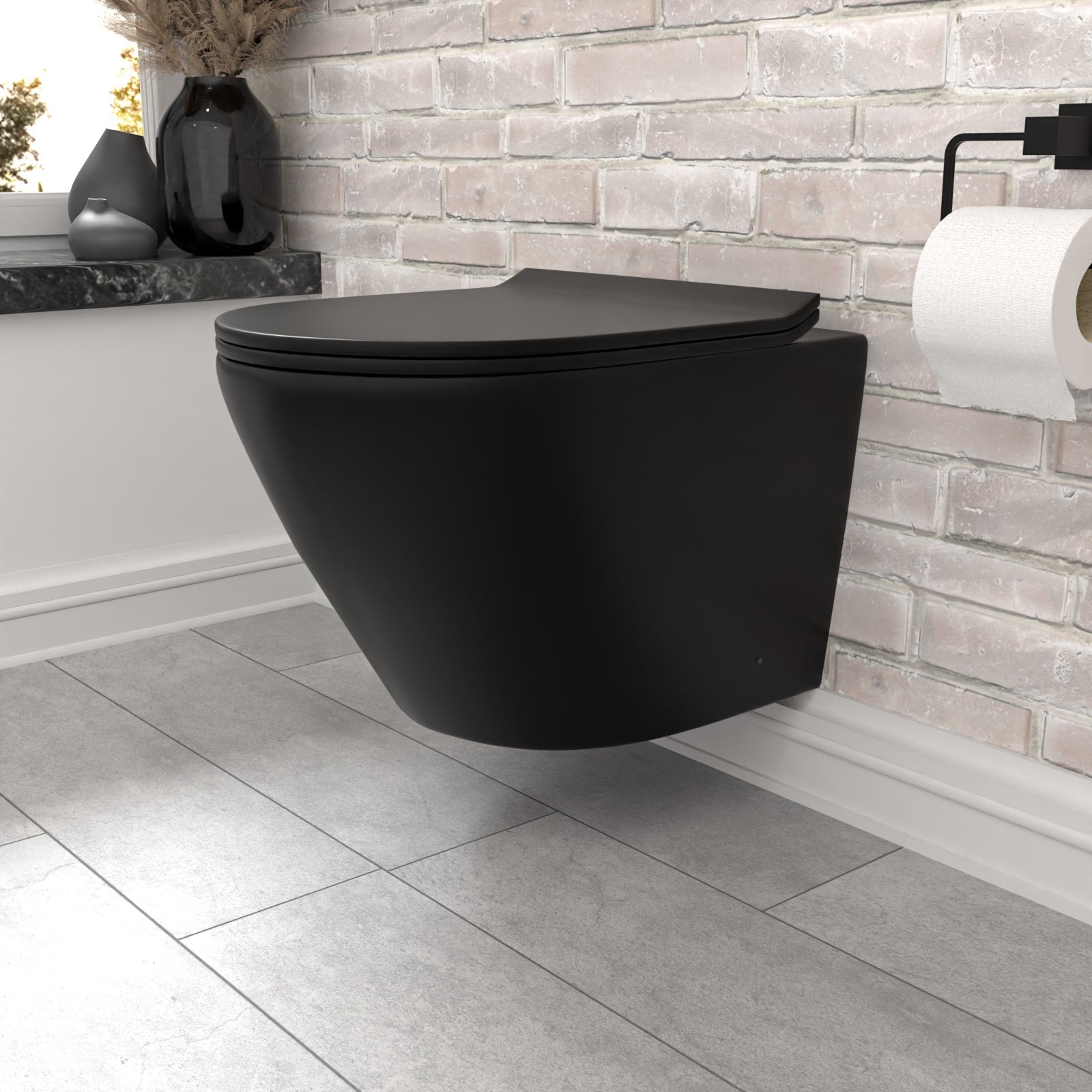 Round Rimless Wall Hung Toilet Pan & Soft Close Seat Matte Black
