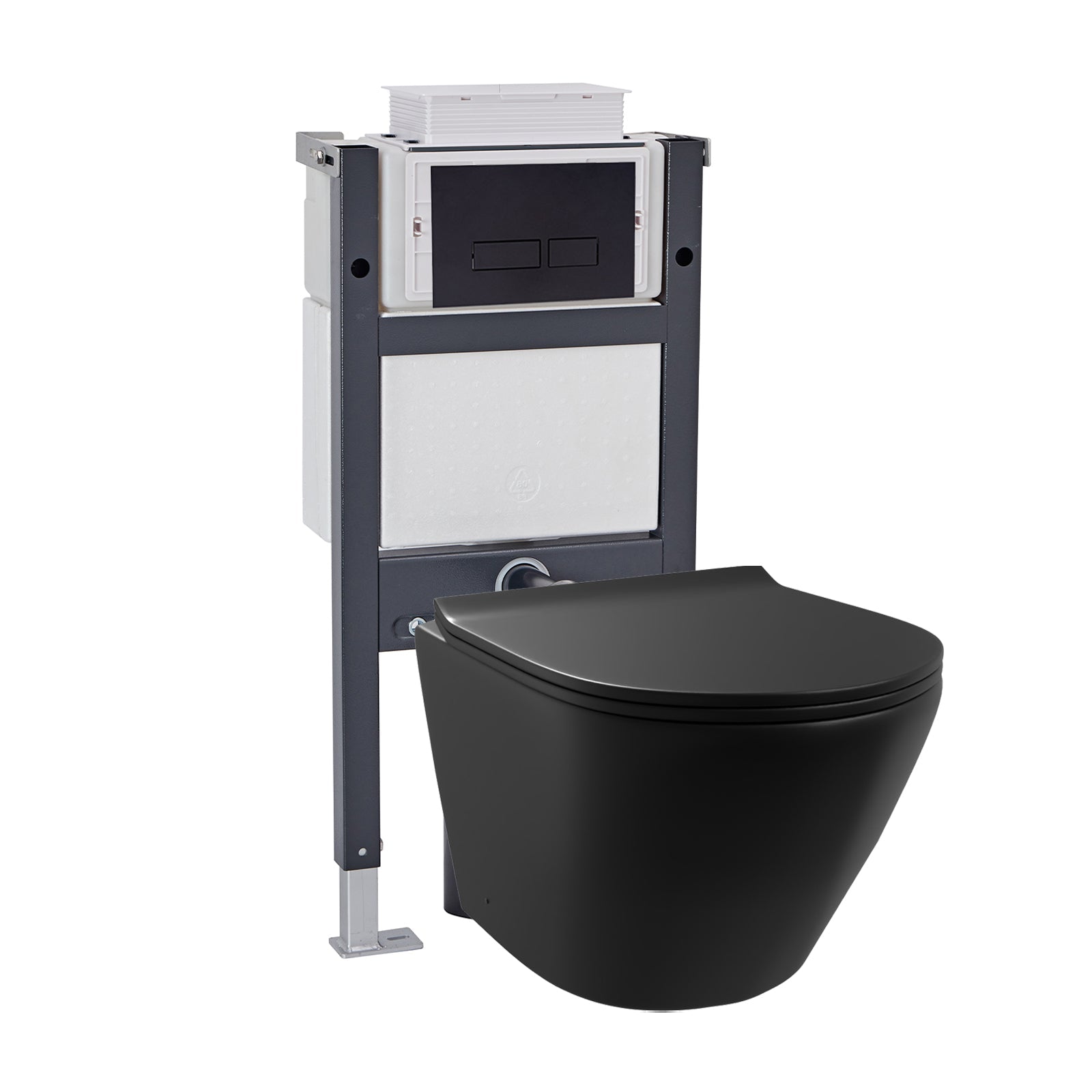 Wall Hung Rimless Black Toilet, Cistern Frame Rectangle Black Button