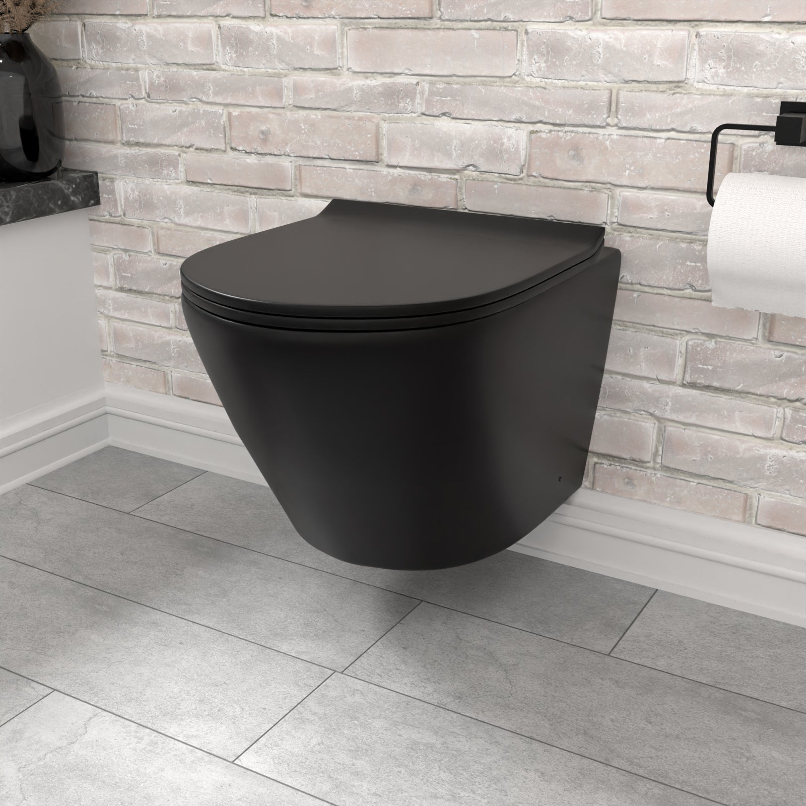 Wall Hung Rimless Black Toilet, Cistern Frame Rectangle Black Button