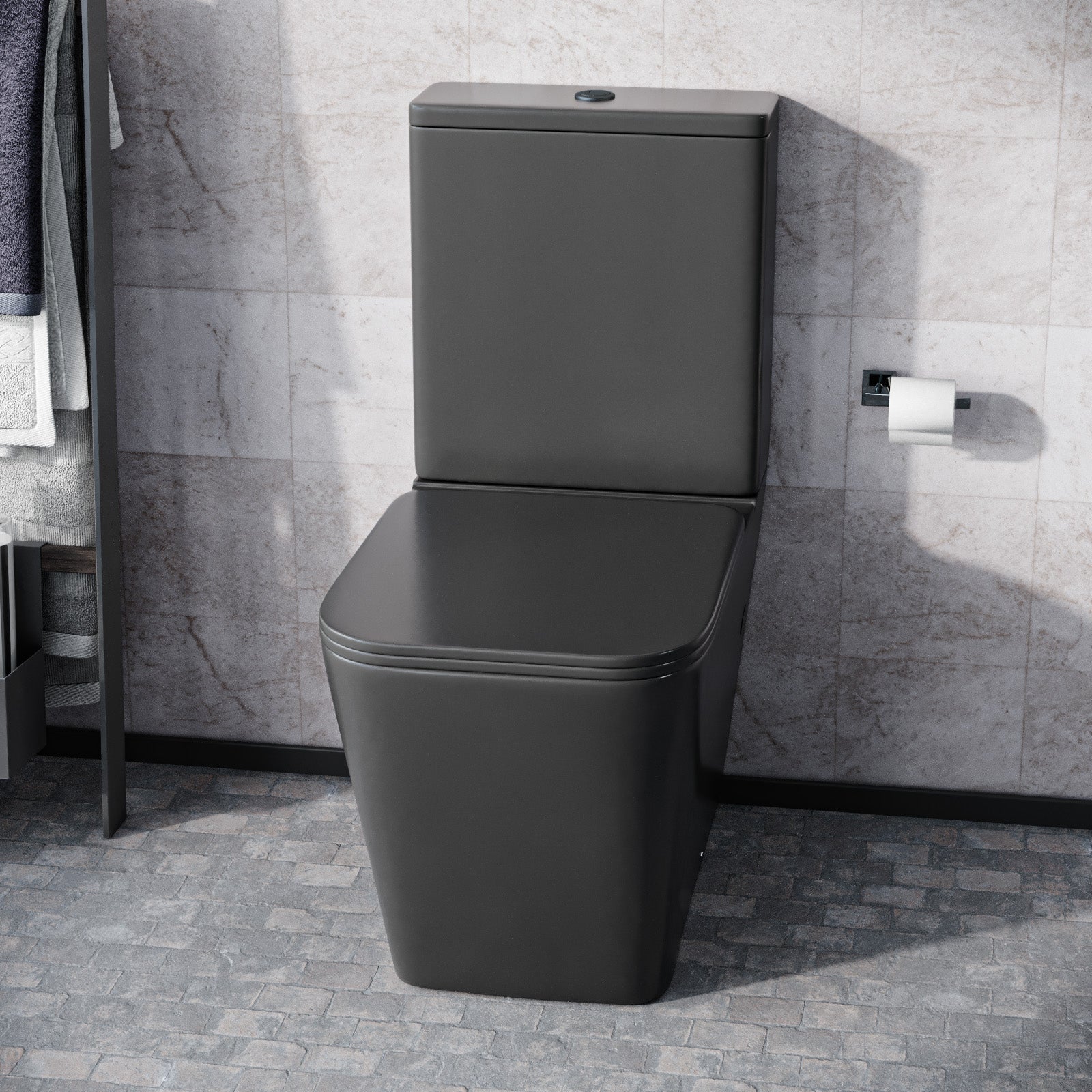 Rimless Square Close Coupled Toilet Pan, Cistern & Seat Matte Black