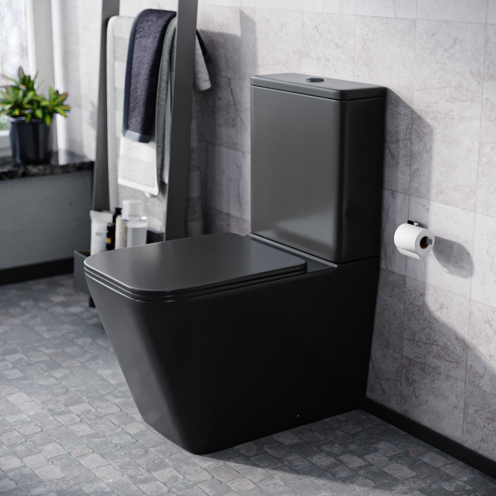 Rimless Square Close Coupled Toilet Pan, Cistern & Seat Matte Black