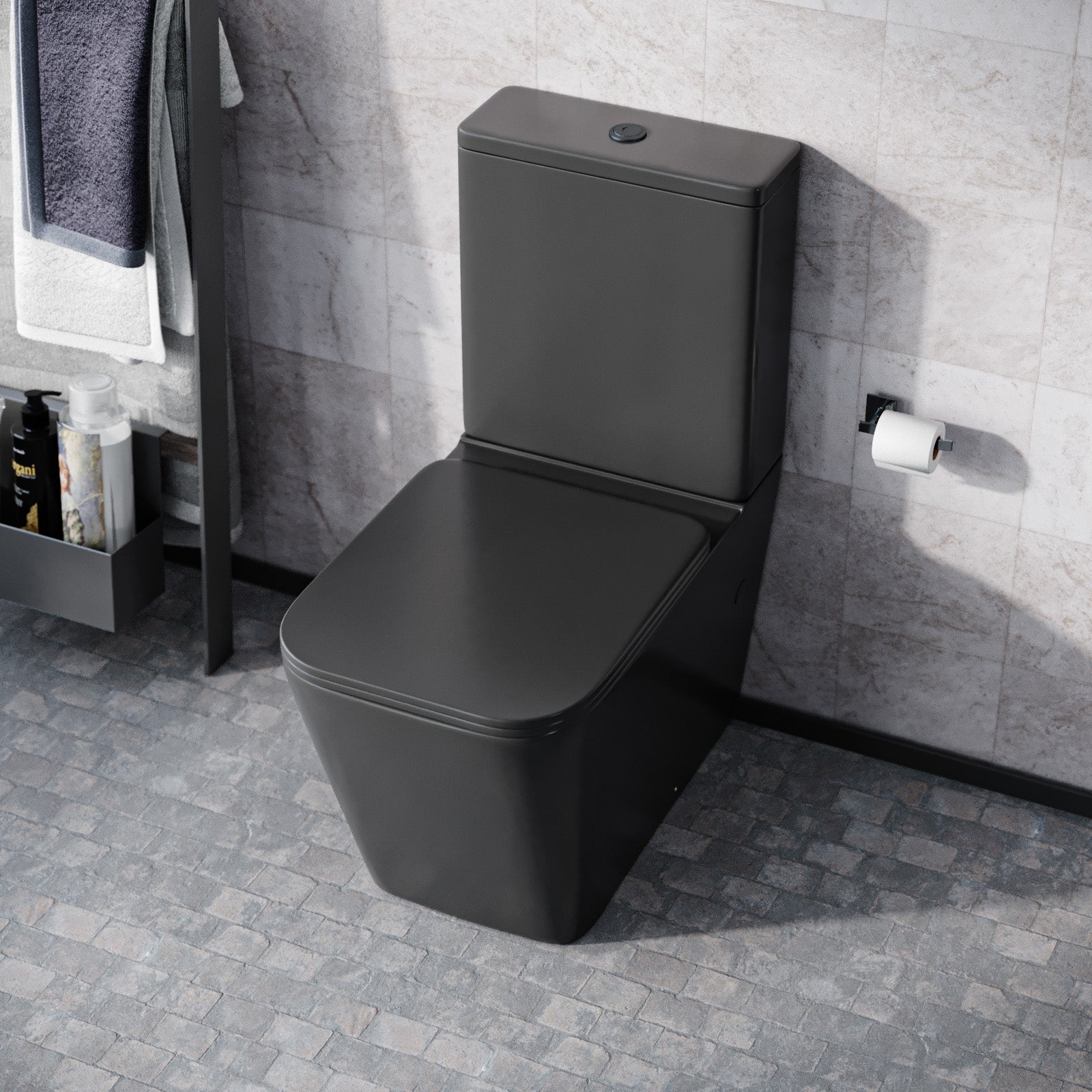 Rimless Square Close Coupled Toilet Pan, Cistern & Seat Matte Black