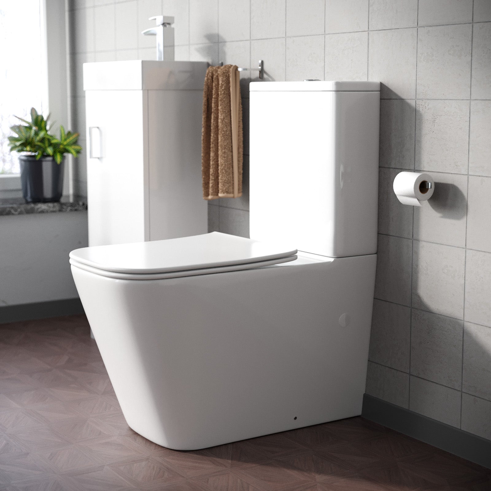 Square Rimless Close Coupled Toilet, Cistern And Soft Close Toilet Seat