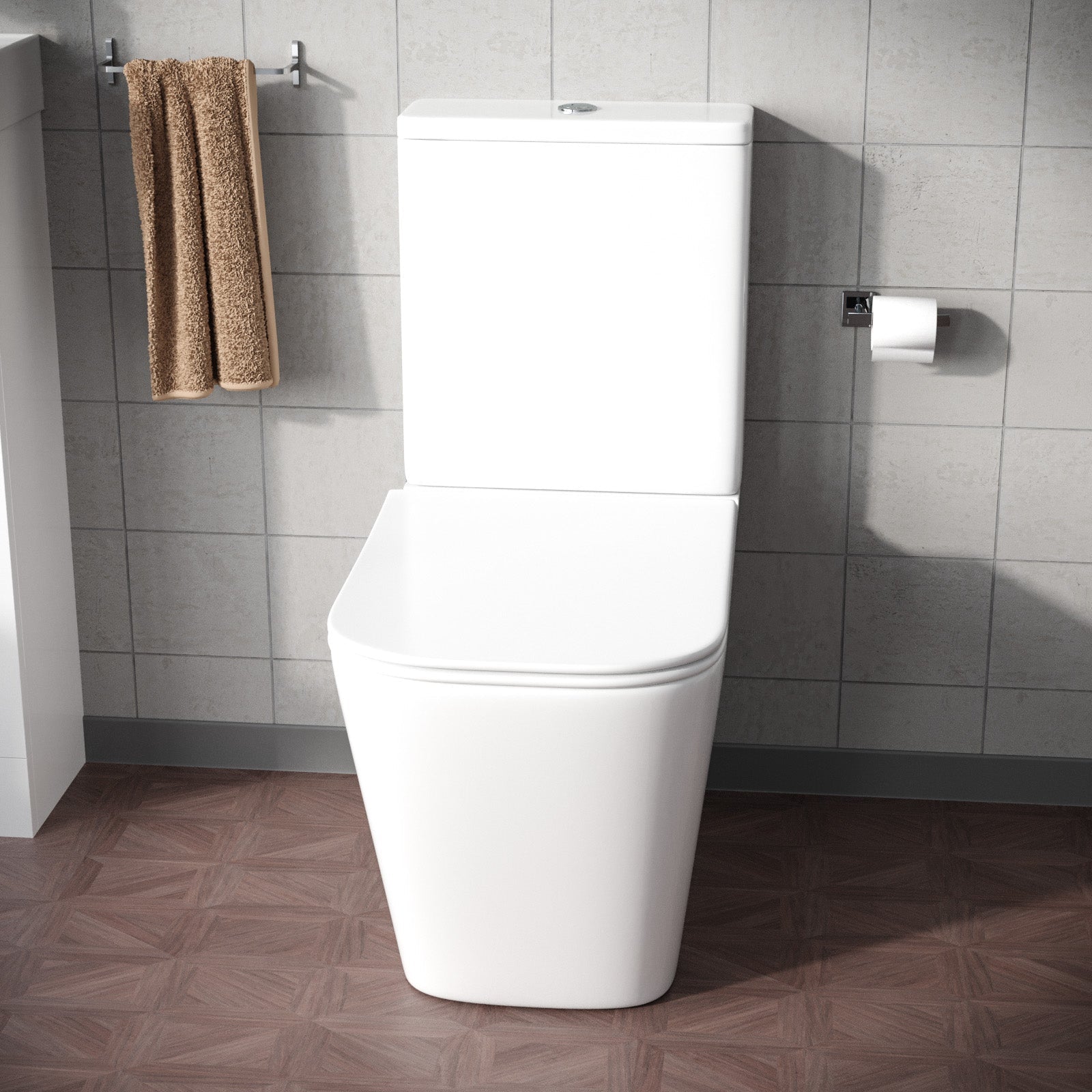 Square Rimless Close Coupled Toilet, Cistern And Soft Close Toilet Seat