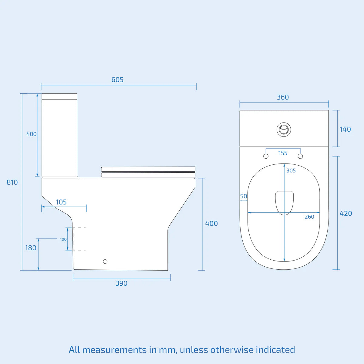 Technical drawing of a toilet with dimensions on a light blue background