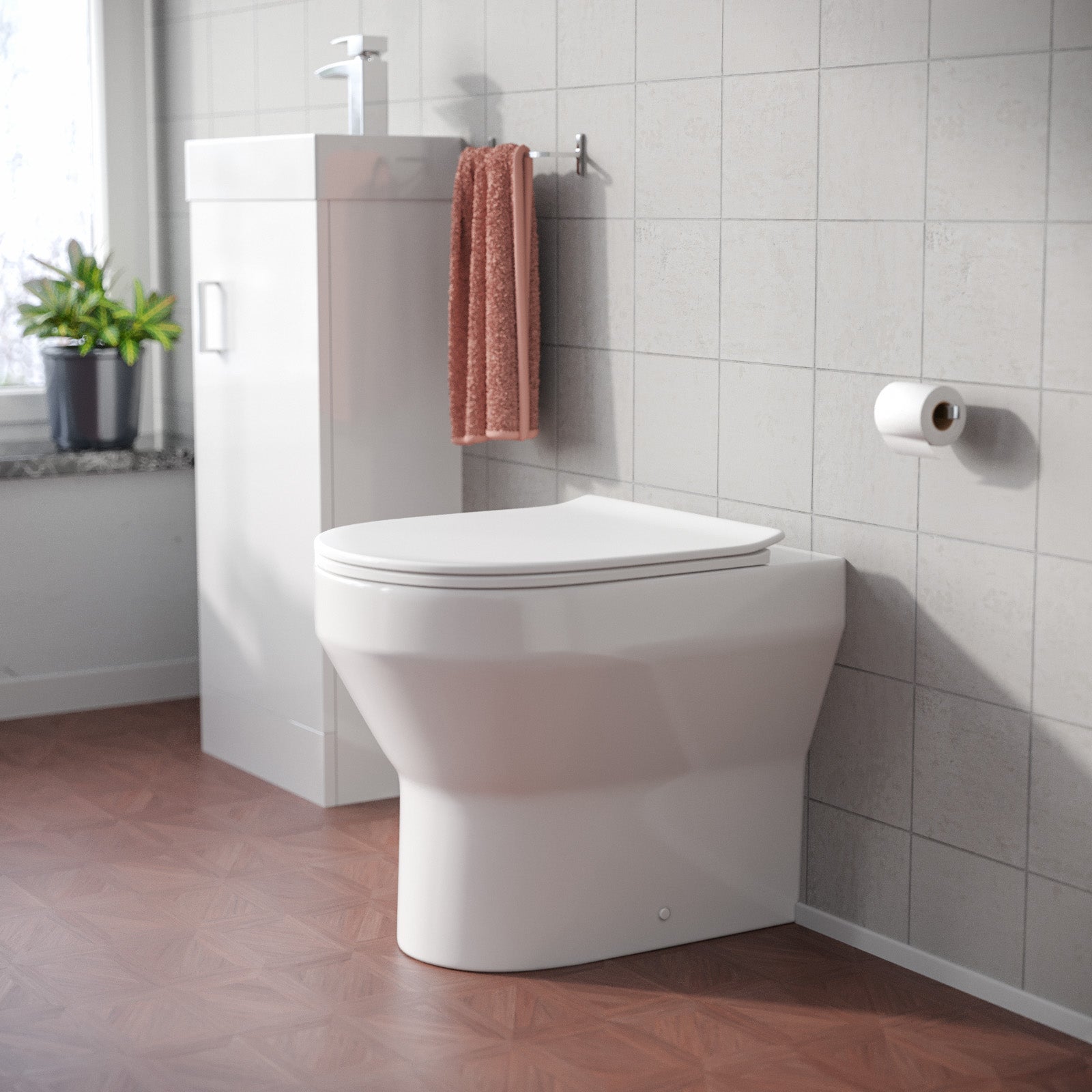 White Rimless Round Back to Wall Toilet with Soft Close Slim Seat