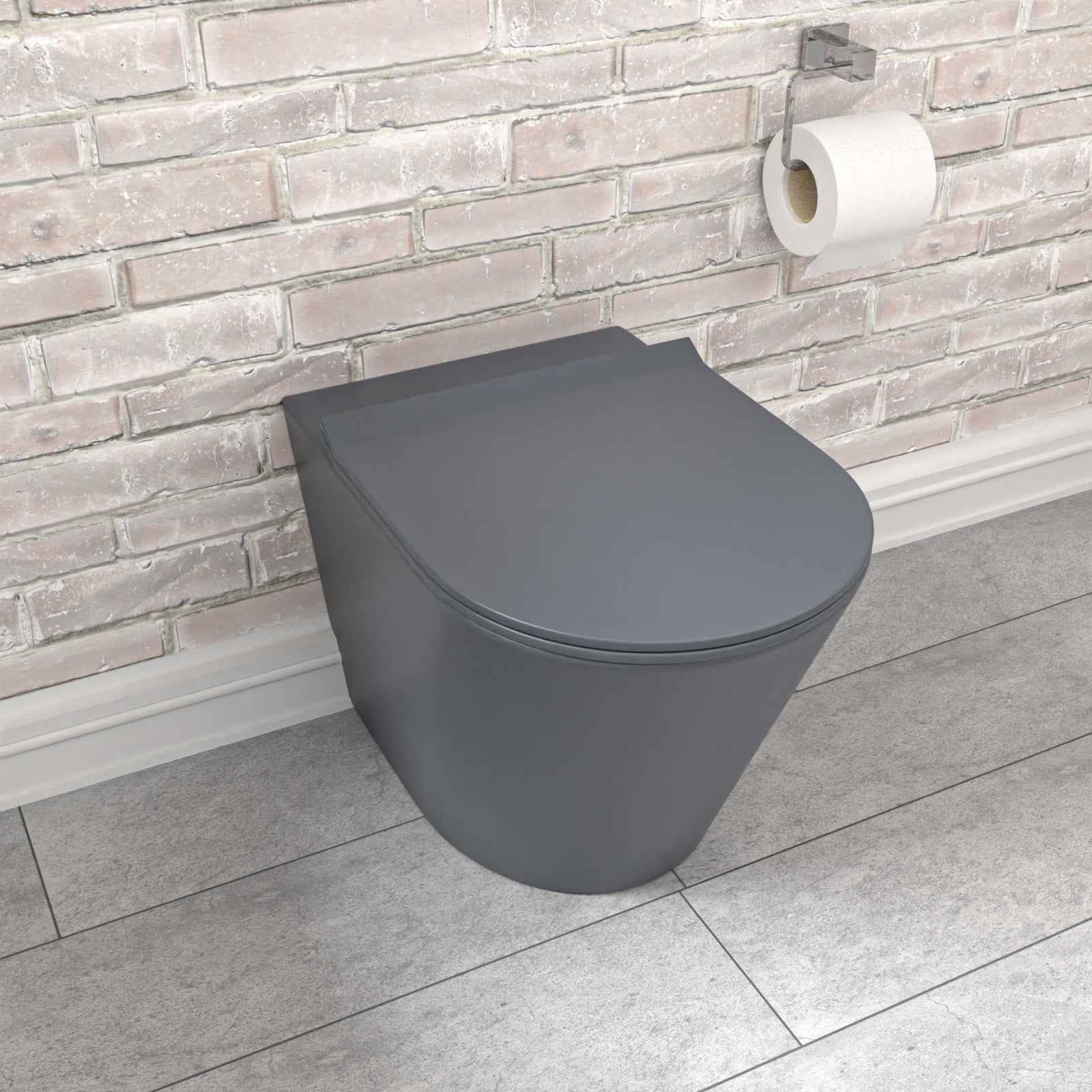 Dark Grey Rimless Round Back to Wall Toilet with Soft Close Seat