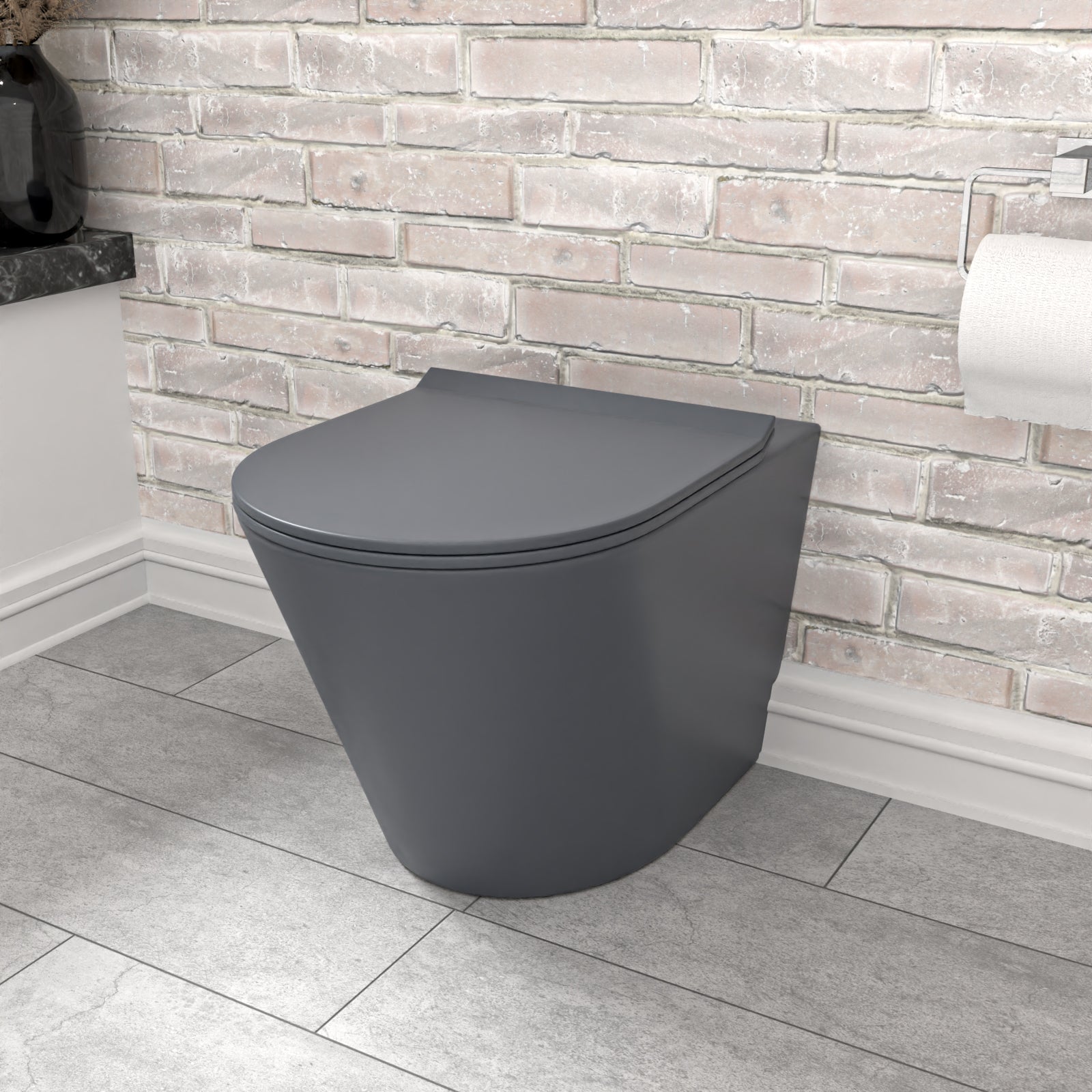 Dark Grey Rimless Round Back to Wall Toilet with Soft Close Seat