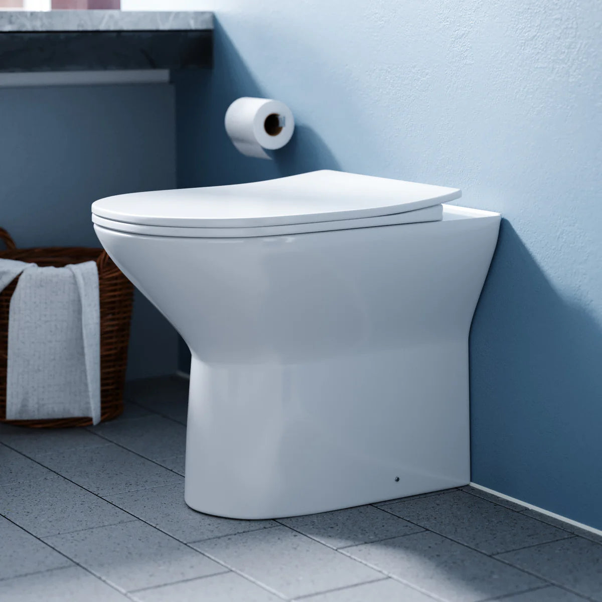Compact Gloss White Rimless Back To Wall Toilet Slim Soft Close Seat Cover