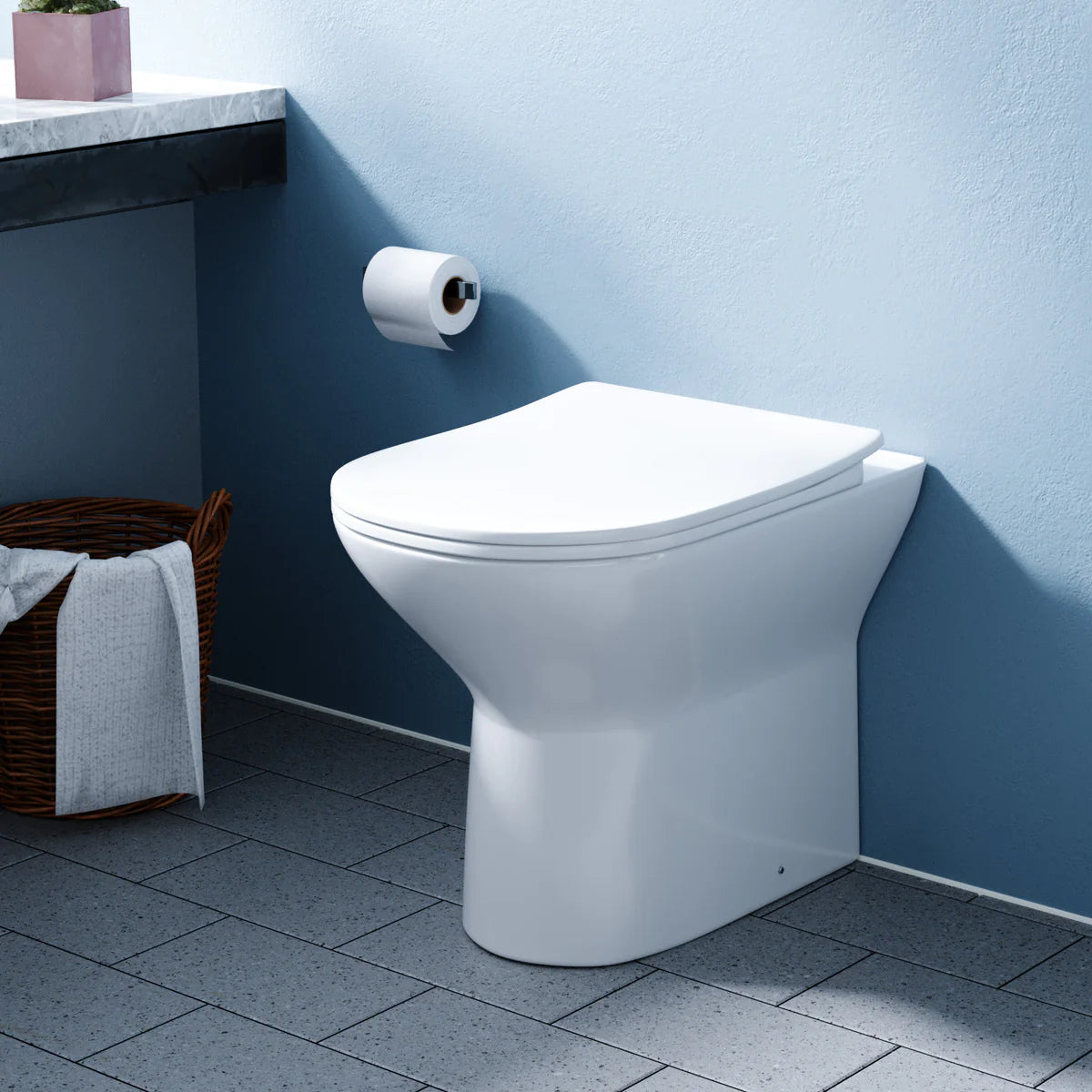 Compact Gloss White Rimless Back To Wall Toilet Slim Soft Close Seat Cover