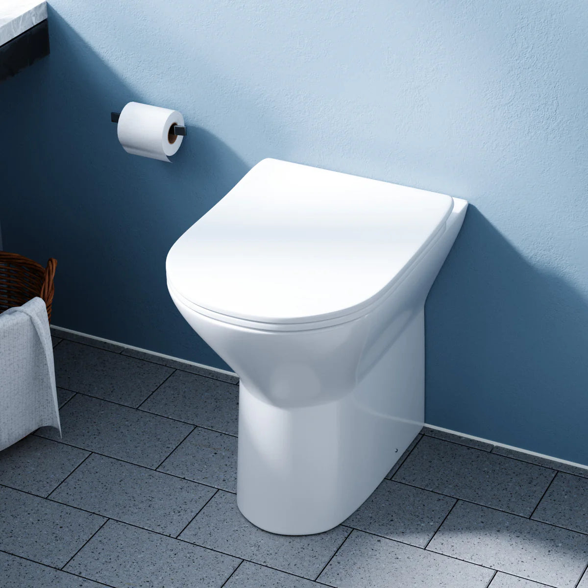 White Comfort Height Round Rimless Soft Close Back To Wall Toilet
