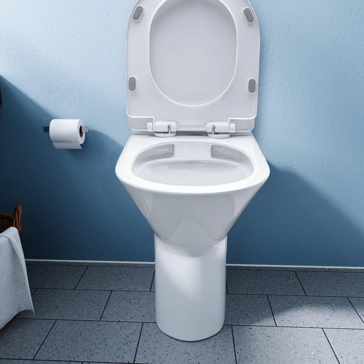 White Comfort Height Round Rimless Soft Close Back To Wall Toilet