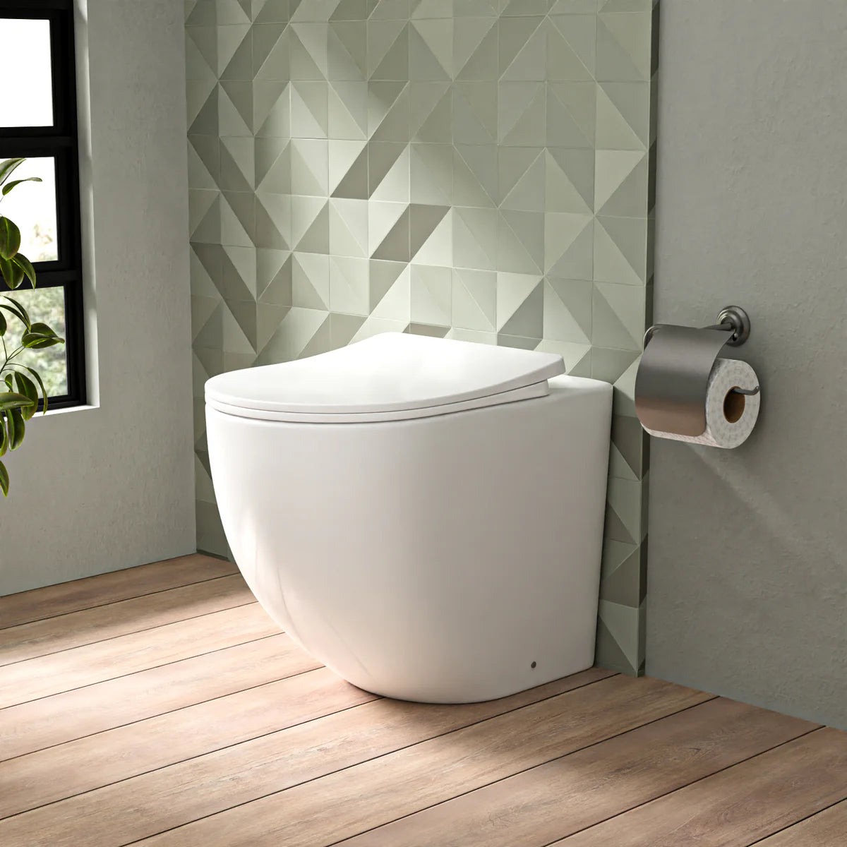 White Comfort Height Round Rimless Back To Wall Toilet Soft Close