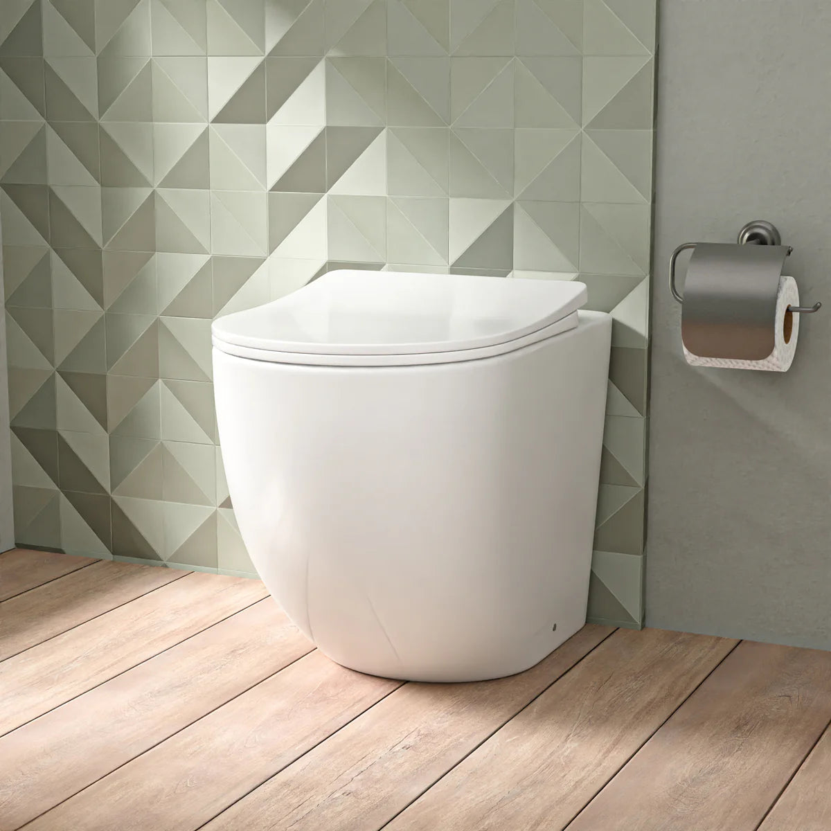 White Comfort Height Round Rimless Back To Wall Toilet Soft Close
