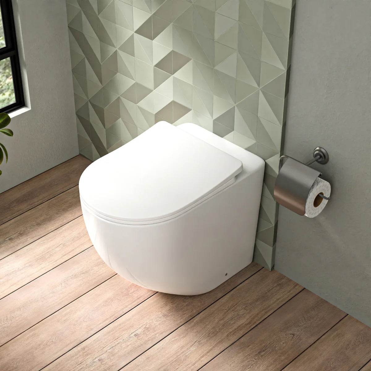 White Comfort Height Round Rimless Back To Wall Toilet Soft Close
