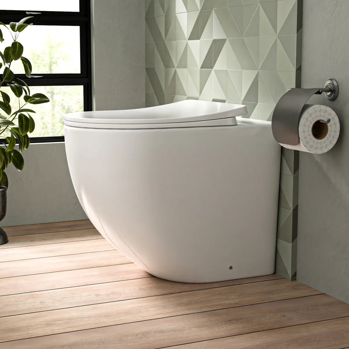 White Comfort Height Round Rimless Back To Wall Toilet Soft Close