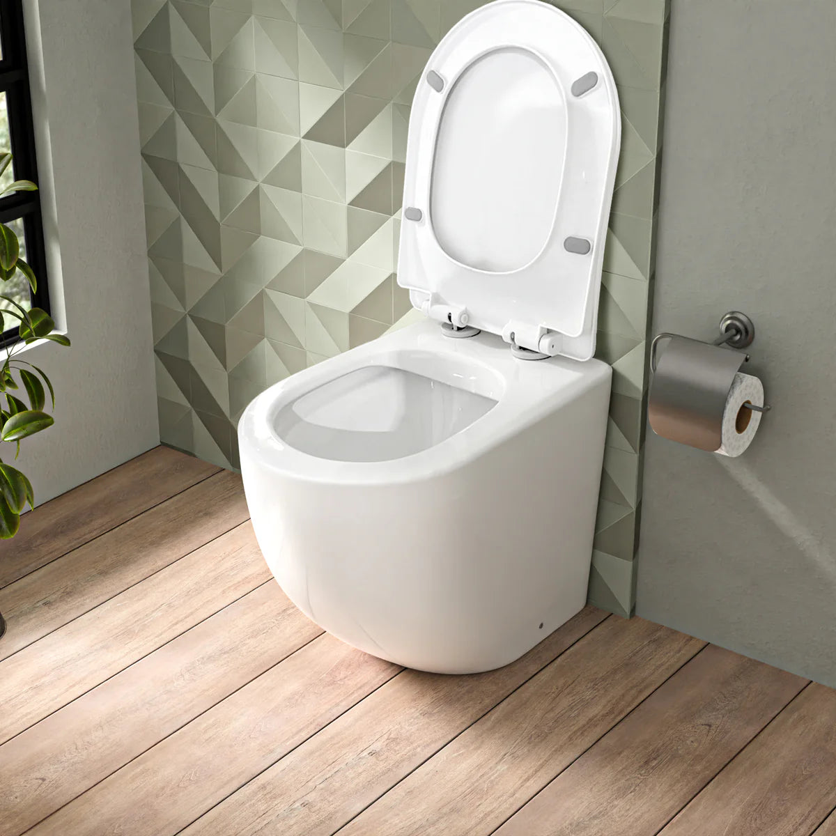 White Comfort Height Round Rimless Back To Wall Toilet Soft Close