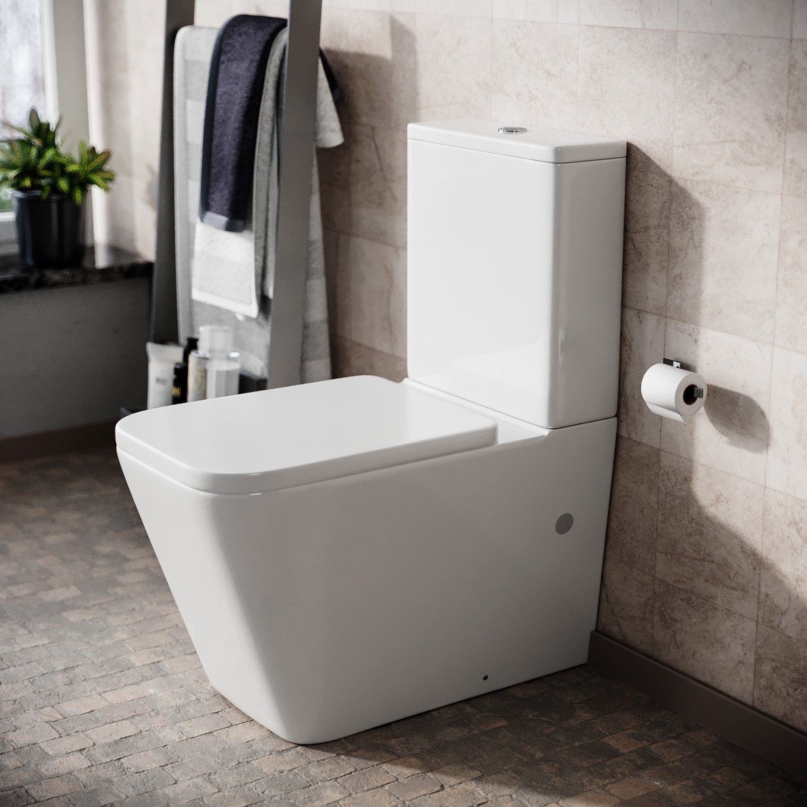 Modern Square Rimless Closed Coupled WC Toilet with Seat and Cistern