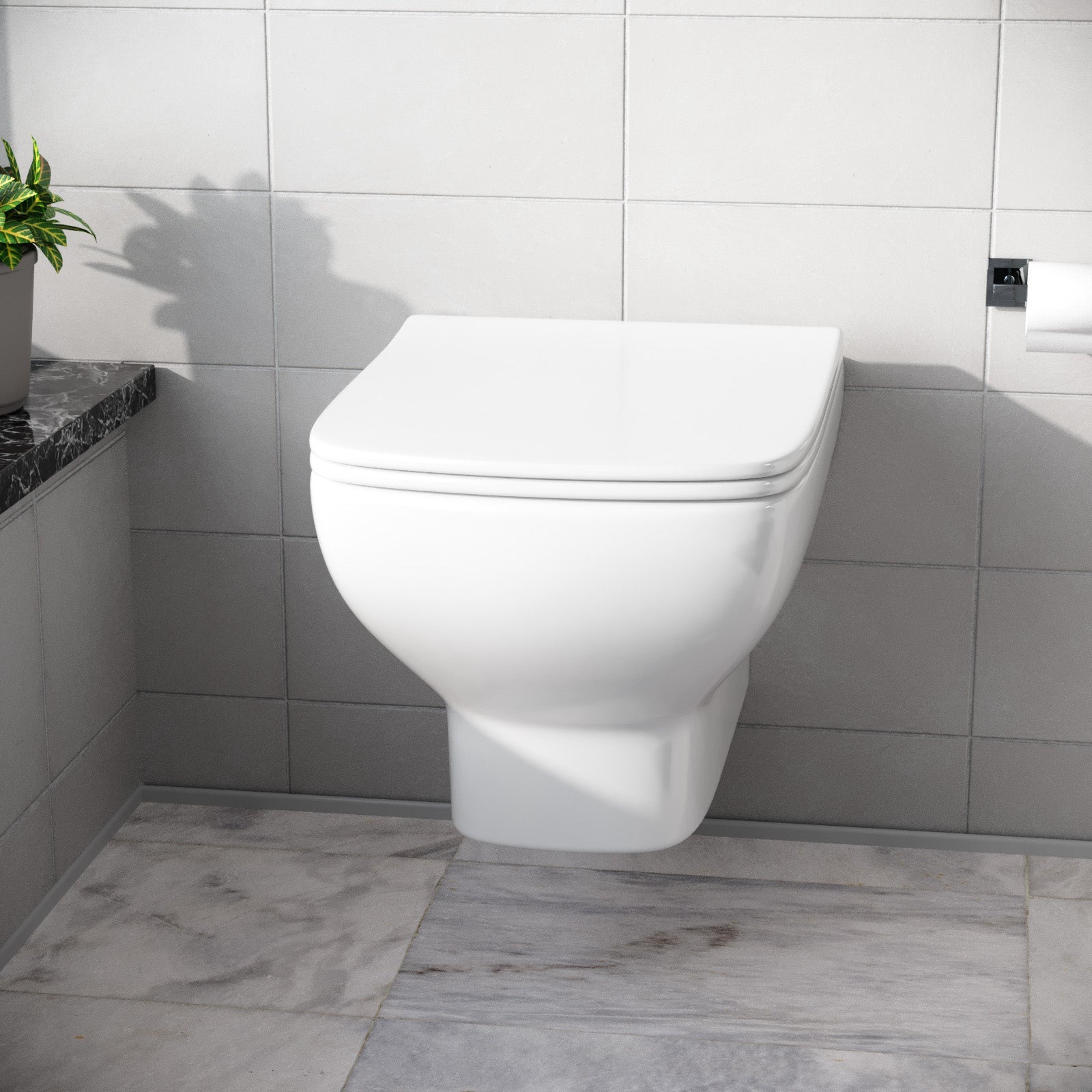 Rimless Square Wall Hung Toilet Pan with Soft Close Seat & Wall Frame