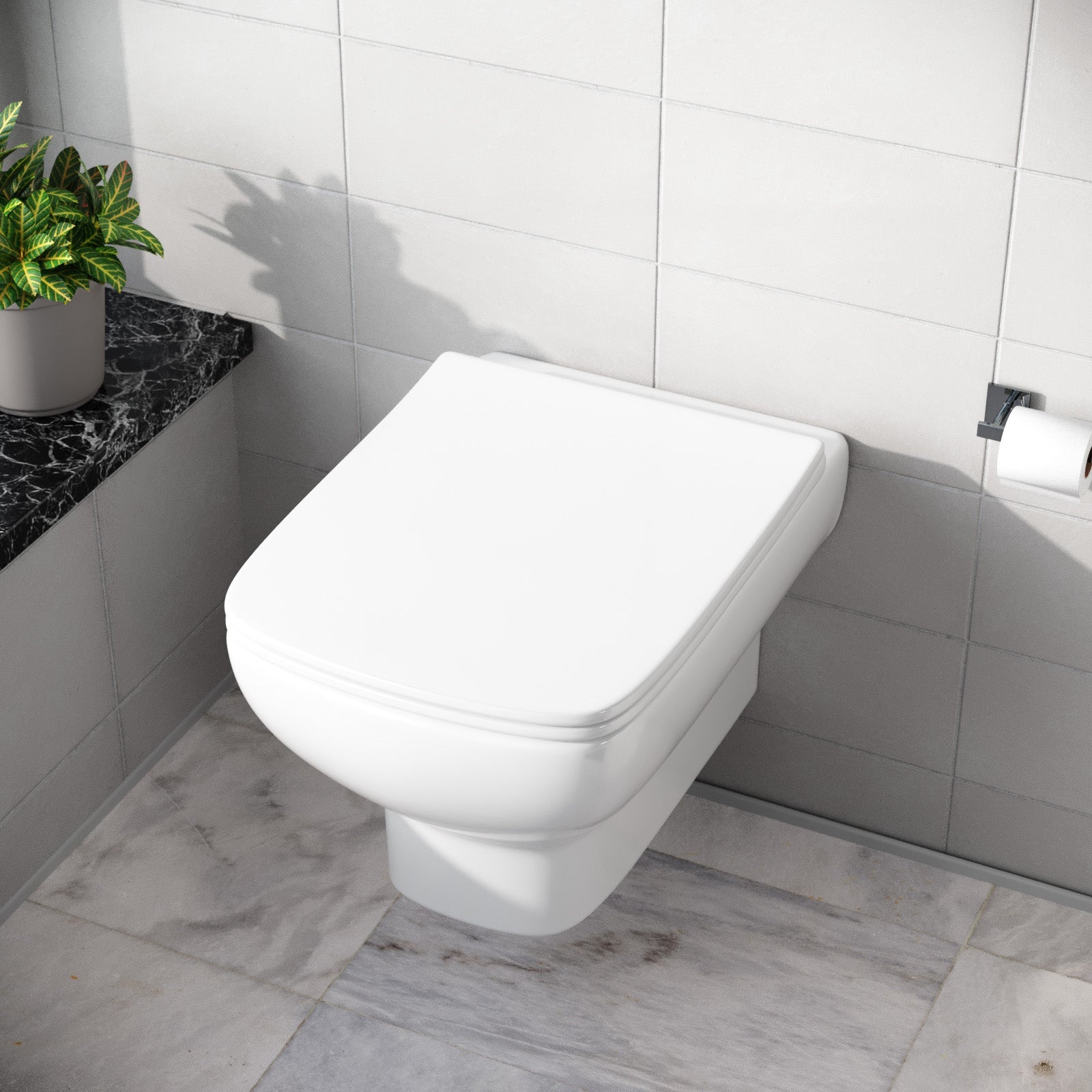 Warley Rimless Square Wall Hung Toilet Pan with Soft Close Toilet Seat White