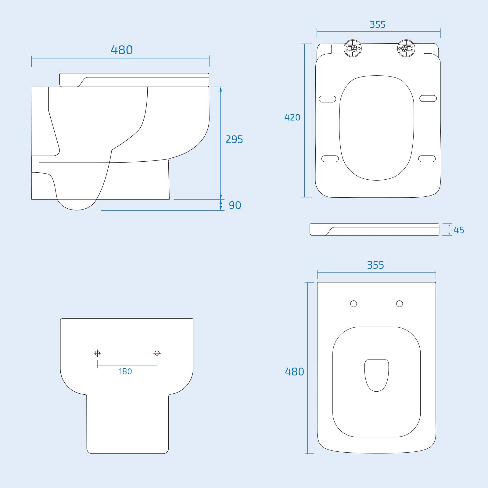 Rimless Square Wall Hung Toilet Pan with Soft Close Seat & Wall Frame