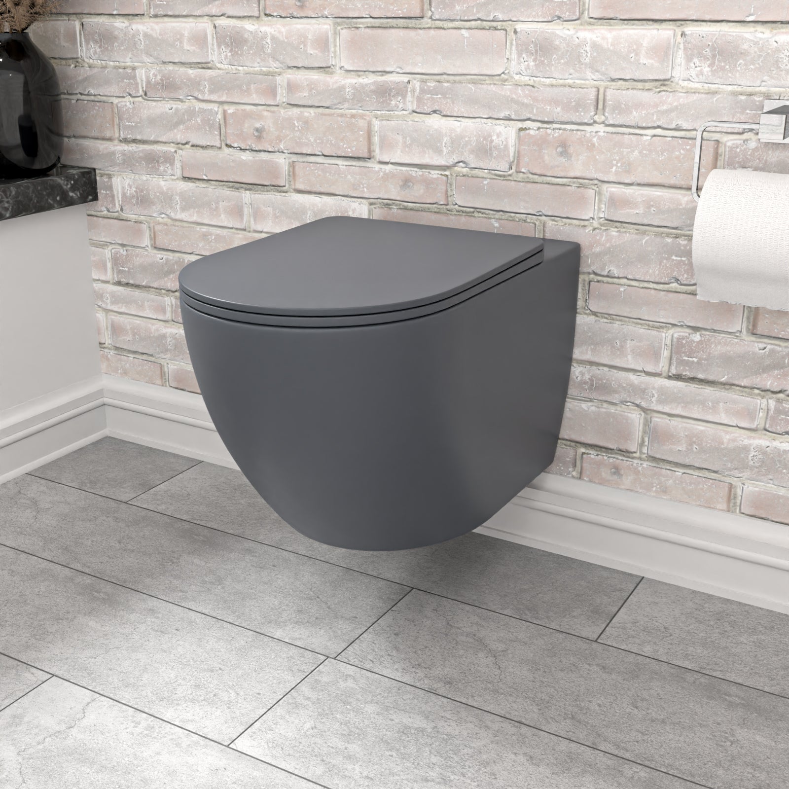 Tornado Flush Dark Grey Wall Hung Rimless Toilet With Soft Close Seat