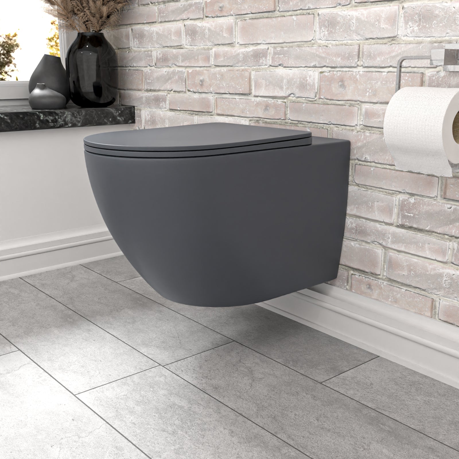 Tornado Flush Dark Grey Wall Hung Rimless Toilet With Soft Close Seat