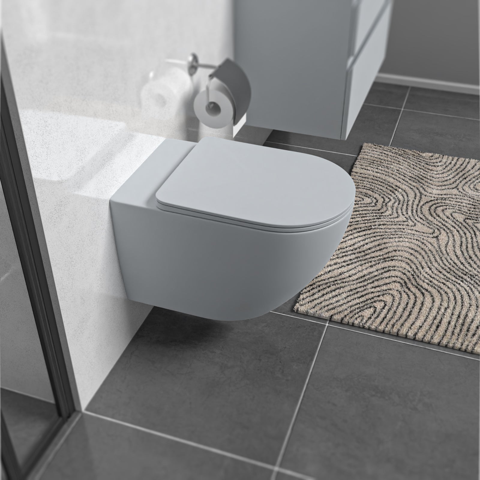 Tornado Flush Round Matte Grey Wall Hung Rimless Toilet With Soft Close Seat