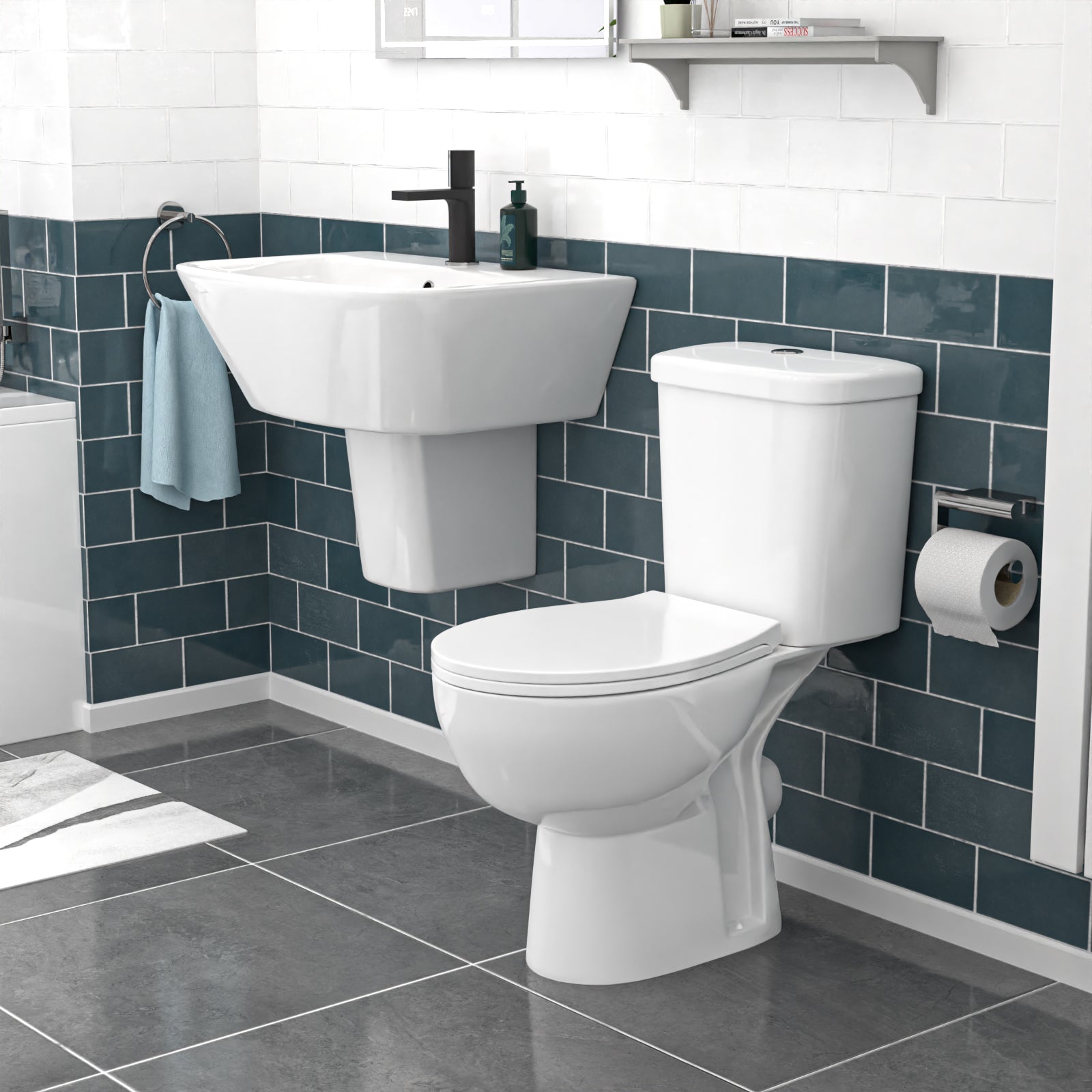 550mm Semi Pedestal Basin Wall Hung White & Close Coupled Toilet