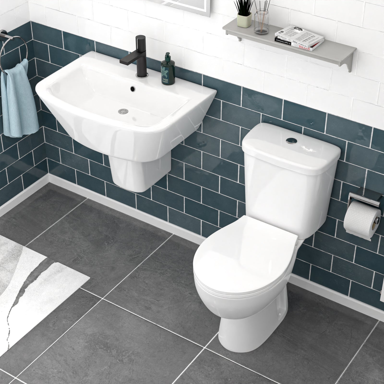 550mm Semi Pedestal Basin Wall Hung White & Close Coupled Toilet